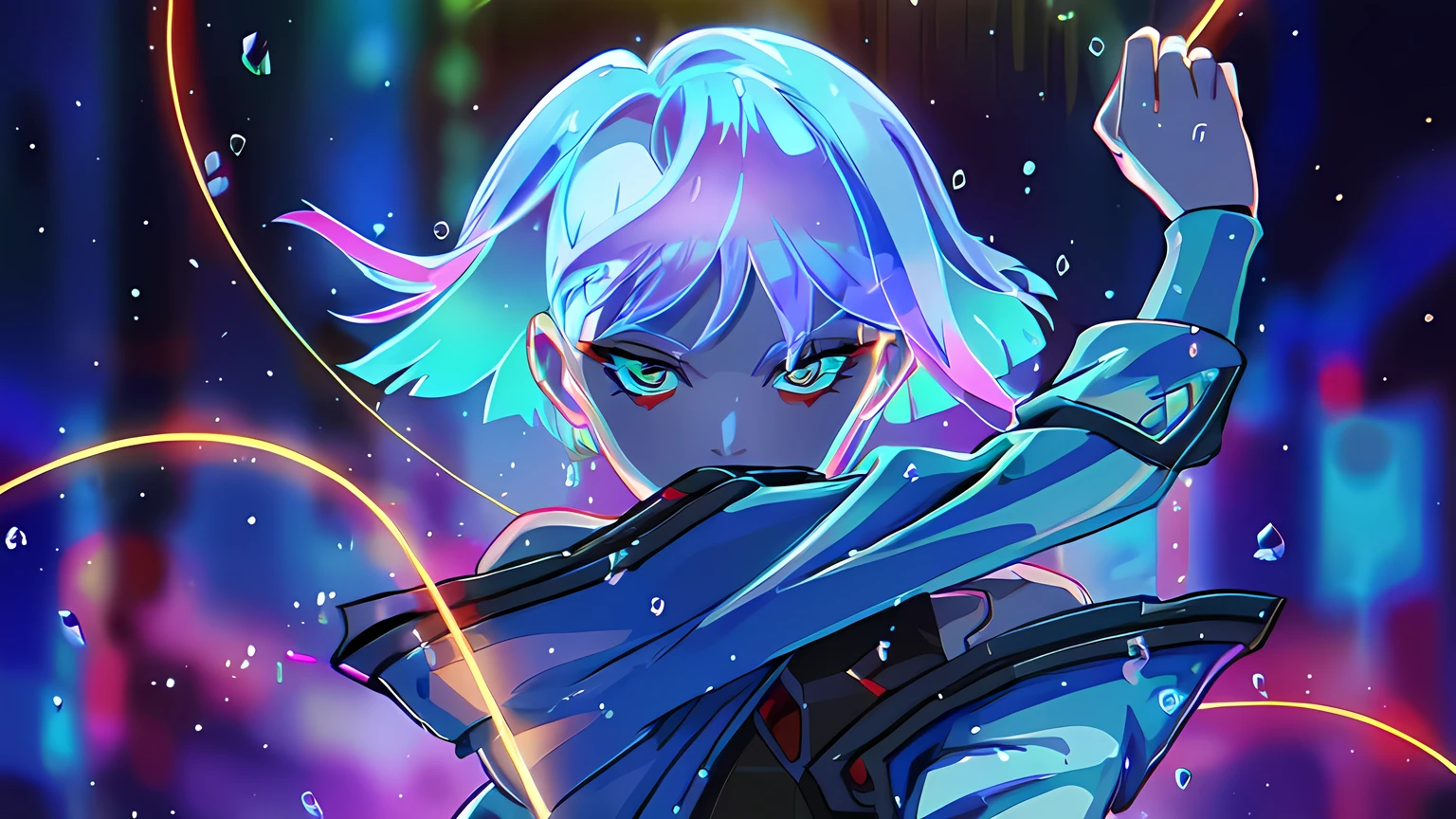 (masterpiece, best quality, glowing light, glistening, shiny skin, ultra detailed, detailed background, complex background),(perfect face, detailed face, detailed eyes,perfect hands,perfect fingers), lucy \(cyberpunk\), 1girl, bangs, blue hair, colored tips, full moon, jacket, long sleeves, looking at viewer, medium hair, moon, multicolored hair, parted bangs, parted lips, pink hair, portrait, red eyeliner, red lips, solo, white jacket, cyberpunk \(series\), cyberpunk edgerunners anime style 4 k, digital cyberpunk anime art, anime art wallpaper 4k, digital cyberpunk - anime art, anime styled digital art, anime cyberpunk art, best anime 4k konachan wallpaper, anime style digital art