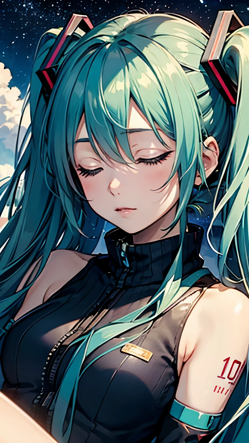 Hatsune Miku as a sleeping on a cloud、Starry Sky