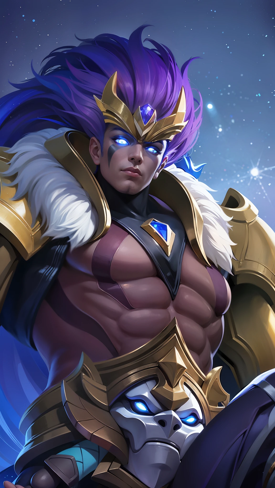arafed image of a male with a purple hair and a gold outfit, Best quality, masterpiece, detailed skin texture, detailed clothes texture, detailed face, super detailed, 8k, intricate detail, The color doesn't change, Muscle guy, 1 male, angry, shining blue eyes, lights eyes.