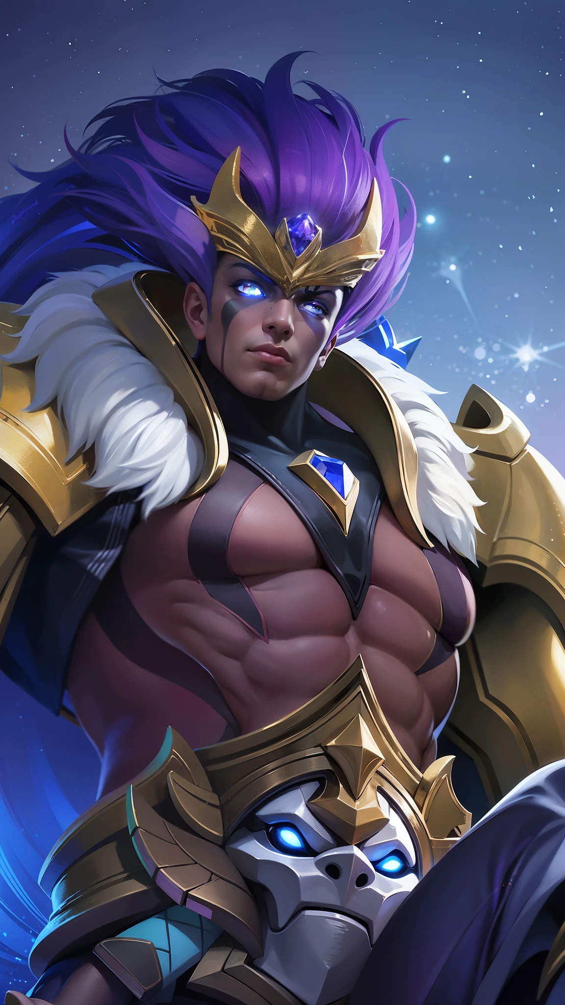 arafed image of a male with a purple hair and a gold outfit, Best quality, masterpiece, detailed skin texture, detailed clothes texture, detailed face, super detailed, 8k, intricate detail, The color doesn't change, Muscle guy, 1 male, angry, shining blue eyes, lights eyes.