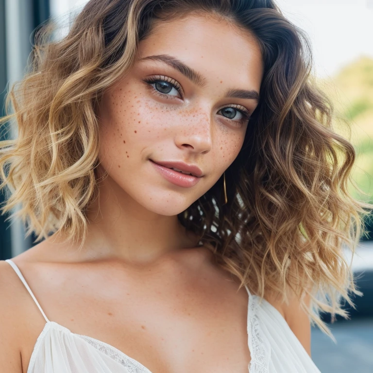 photo of a 24-year-old blonde curly (dark brown-eyed woman) curly hair, small breasts, (dress), (neckline), details (textures! , hair! , color!! , disadvantages: 1.1), glossy eyes with high detail (looking at the camera), SLR lighting, SLR camera, ultra-quality, sharpness, minimal depth of field, film grain (center), Fujifilm XT3, crystal clear, frame center, beautiful face, sharp focus, detailed skin pores, dimples and freckles complex eye details, full body