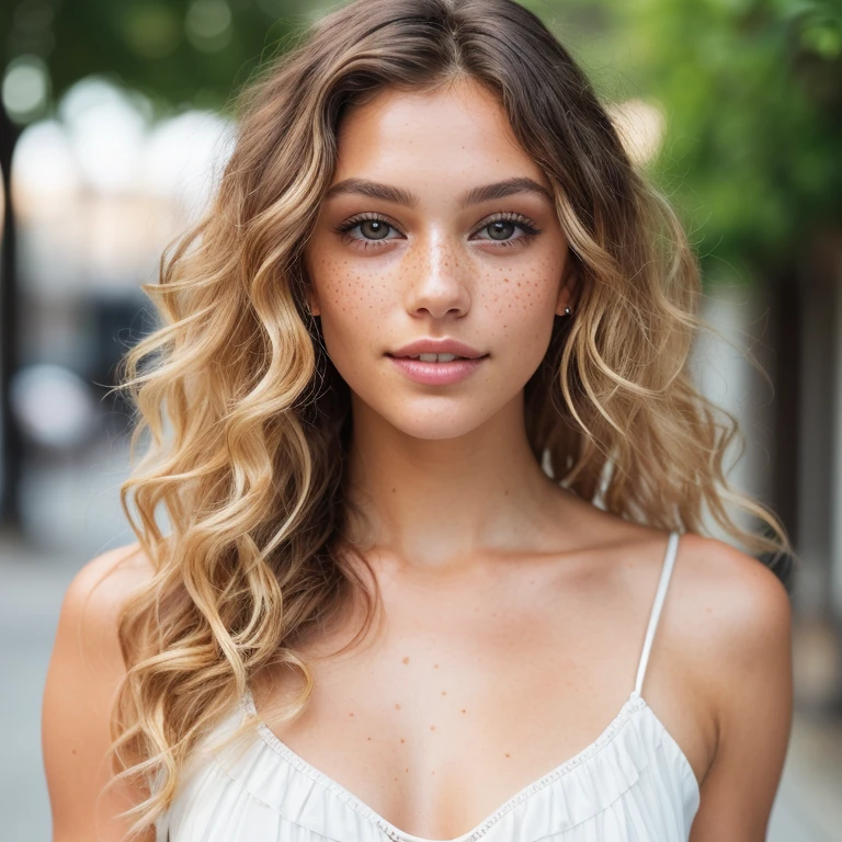 photo of a 24-year-old blonde curly (dark brown-eyed woman) curly hair, small breasts, (dress), (neckline), details (textures! , hair! , color!! , disadvantages: 1.1), glossy eyes with high detail (looking at the camera), SLR lighting, SLR camera, ultra-quality, sharpness, minimal depth of field, film grain (center), Fujifilm XT3, crystal clear, frame center, beautiful face, sharp focus, detailed skin pores, dimples and freckles complex eye details, full body