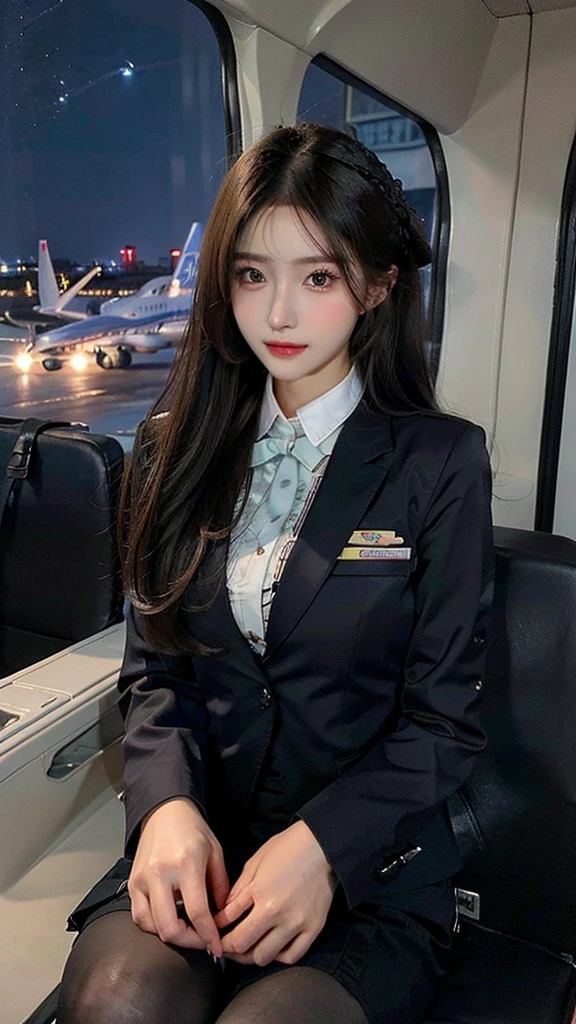 (realistic), (intricate details:1.2), (masterpiece、:1.3), (top quality:1.4), (Ultra A high resolution:1.2), Ultra A high resolution, 8K resolution, very detailed expression, (night:1.9), dark, (high quality), complete anatomy, natural anatomy, full body photo, official art, a women, 27 years old, korean, (beautiful : 1.4), (Her hair style is Stewardess appearance :1.5), Cabin Crew, flight attendant uniforms, blouse, blazer, miniskirt, skarf, flesh pantyhose, high heel, (aircraft, (Aircraft Corridor), Aircraft seats) beautiful elegant face, detailed face, detailed eyes, realistic hair, She helps passengers, a gentle smile
