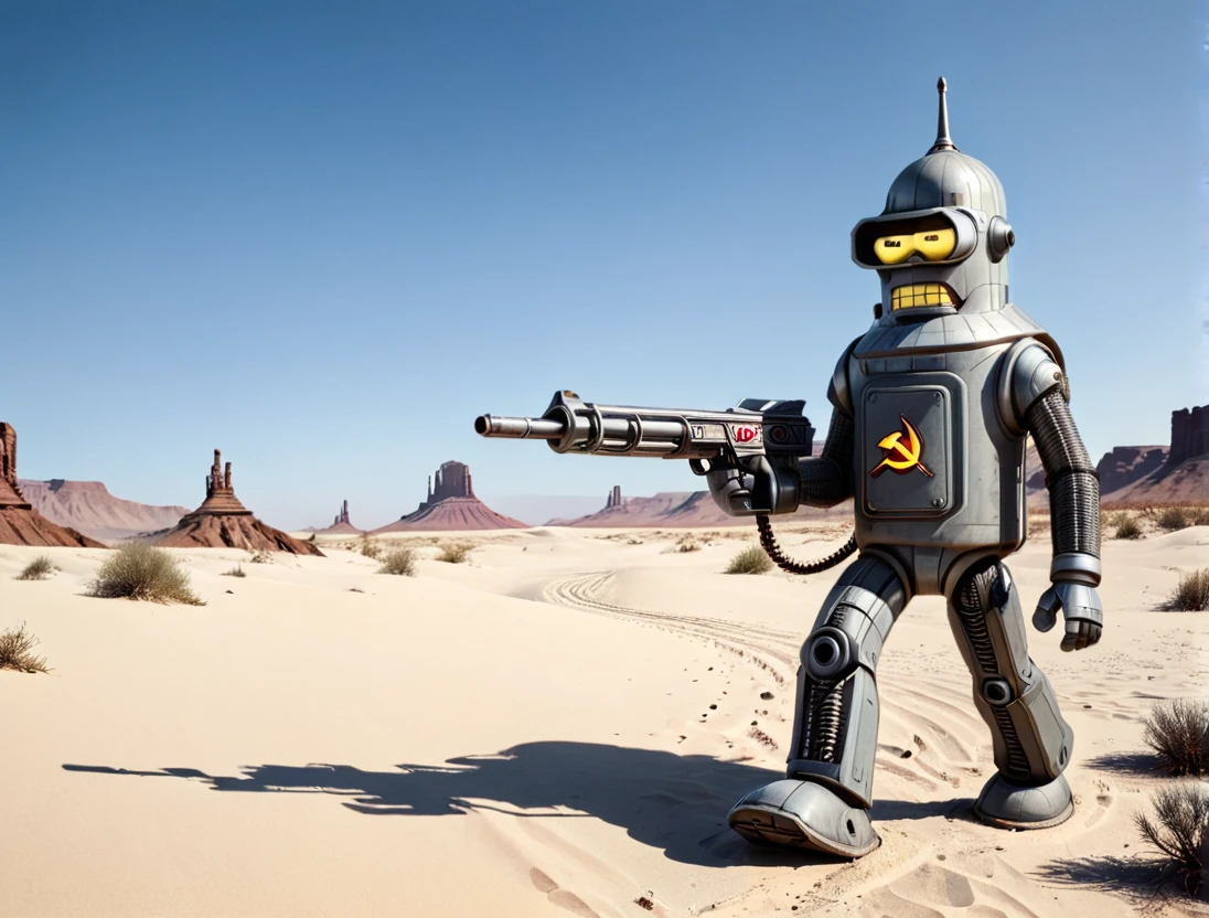 Bender holding Soviet Machine Handgun walking in Desert, Maxwell Atoms Style 