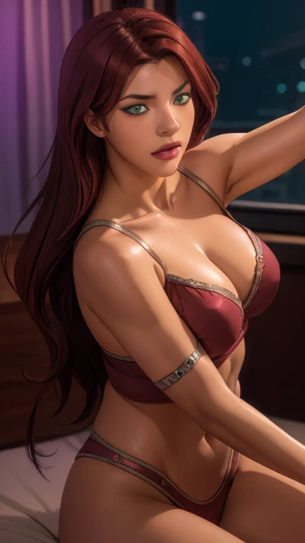 Masterpiece, Artgerm (Stanley Lau) style, gothic aesthetic, best quality, ultra realistic, 16k, crazy resolution, UHD, ultra-detailed, detailed eyes, detailed skin, detailed hair, detailed face, detailed fabric, detailed texture, ( 1 beautiful young woman, alone: 1.1),tall, Sakuragi Otome | Otome Dori, long red hair, gothic beauty, vibrant green eyes, tanned (yellow) skin, portrait, rocker clothes, High detail RAW color art, (detailed skin texture), (Muscle) detail, sharp focus, dramatic and photorealistic painting art of midjourney, natural breasts, (sideboob:1.2), jewelry, (realistic eyes), cowboy shot, V-shaped real eyes, ((hourglass shape)), hot naked, ( Blurred in vibrant cinematic light), atmosphere warm, Show all, ultra-detailed, fine details, nude, sexy waist, (proportional) big hips, thick thighs, tall, sexy, Natural Color Lip, face with expression of pleasure and tiredness, different sensual poses in different angles, dark room gothic with cinematic lights (blurred background)、20 years old、dream atmosphere