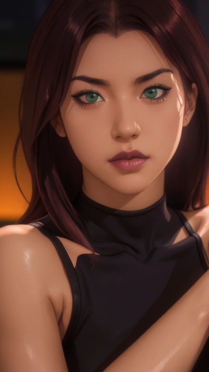 Masterpiece, Artgerm (Stanley Lau) style, gothic aesthetic, best quality, ultra realistic, 16k, crazy resolution, UHD, ultra-detailed, detailed eyes, detailed skin, detailed hair, detailed face, detailed fabric, detailed texture, ( 1 beautiful young woman, alone: 1.1),tall, Sakuragi Otome | Otome Dori, long red hair, gothic beauty, vibrant green eyes, tanned (yellow) skin, portrait, rocker clothes, High detail RAW color art, (detailed skin texture), (Muscle) detail, sharp focus, dramatic and photorealistic painting art of midjourney, natural breasts, (sideboob:1.2), jewelry, (realistic eyes), cowboy shot, V-shaped real eyes, ((hourglass shape)), hot naked, ( Blurred in vibrant cinematic light), atmosphere warm, Show all, ultra-detailed, fine details, nude, sexy waist, (proportional) big hips, thick thighs, tall, sexy, Natural Color Lip, face with expression of pleasure and tiredness, different sensual poses in different angles, dark room gothic with cinematic lights (blurred background)、20 years old、dream atmosphere 