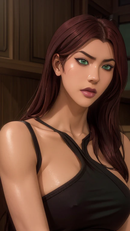 Masterpiece, Artgerm (Stanley Lau) style, gothic aesthetic, best quality, ultra realistic, 16k, crazy resolution, UHD, ultra-detailed, detailed eyes, detailed skin, detailed hair, detailed face, detailed fabric, detailed texture, ( 1 beautiful young woman, alone: 1.1),tall, Sakuragi Otome | Otome Dori, long red hair, gothic beauty, vibrant green eyes, tanned (yellow) skin, portrait, rocker clothes, High detail RAW color art, (detailed skin texture), (Muscle) detail, sharp focus, dramatic and photorealistic painting art of midjourney, natural breasts, (sideboob:1.2), jewelry, (realistic eyes), cowboy shot, V-shaped real eyes, ((hourglass shape)), hot naked, ( Blurred in vibrant cinematic light), atmosphere warm, Show all, ultra-detailed, fine details, nude, sexy waist, (proportional) big hips, thick thighs, tall, sexy, Natural Color Lip, face with expression of pleasure and tiredness, different sensual poses in different angles, dark room gothic with cinematic lights (blurred background)、20 years old、dream atmosphere 
