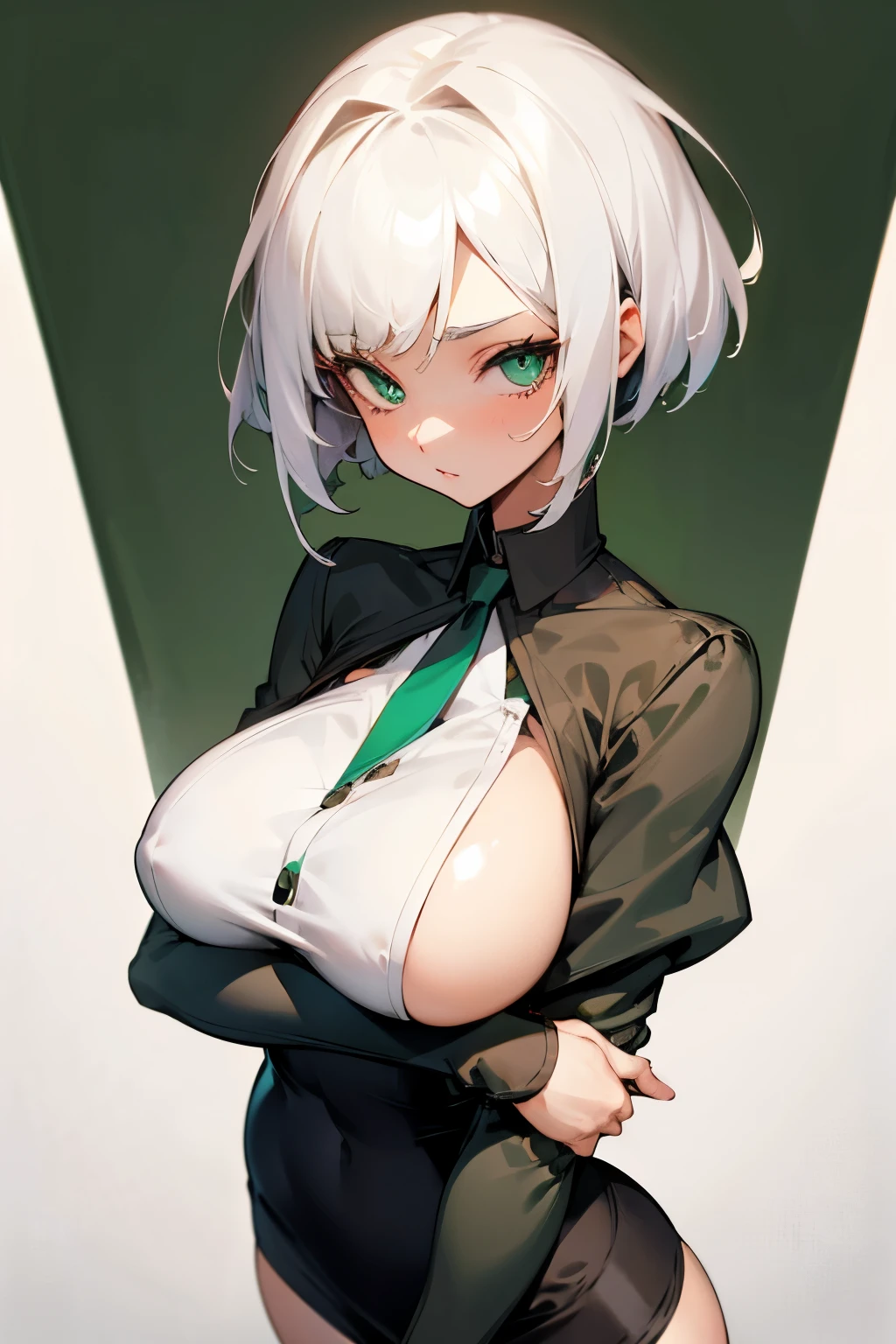 Girl, short white hair, beautiful green eyes, big breasts, short skirt, 👀🤯