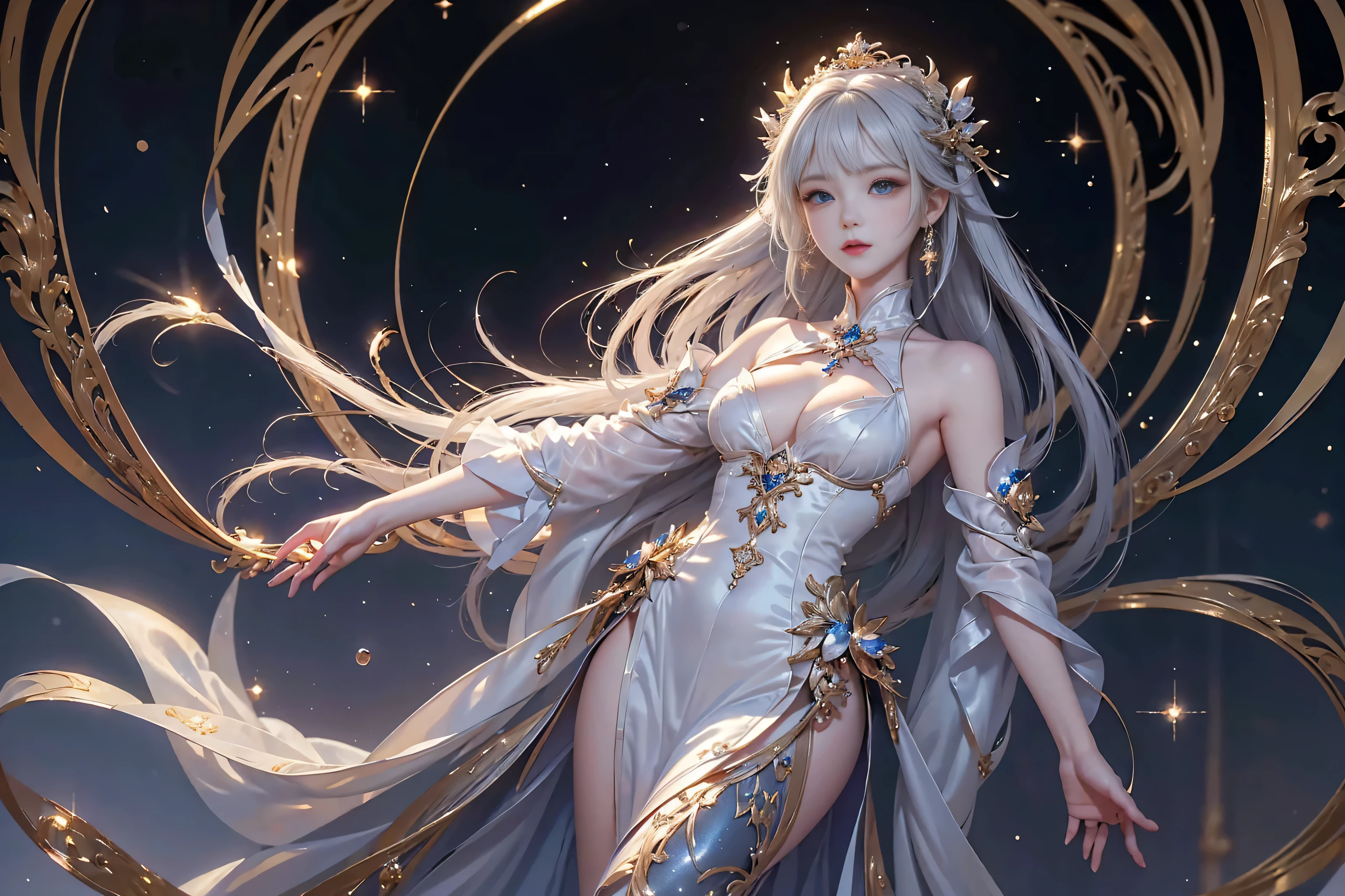 Night view,star,（White Haired Girl:1.5）,（（masterpiece））、（detailed：1.4）（close）、Top view、（Backlight）(A fantastic atmosphere、Ancient capital、Amazing beauty images,One Woman、white dust、Light and dance-like、Suspended particles), (Black Dress、Long dress with sleeves、Exposing shoulders、Off the shoulder)、（Gray hair that changes with light、length, Lustrous white hair、WHITE hair fluttering in the wind、Beautiful Bangs:1.3）、（Beautiful white and shining skin、Cheek gloss highlighter、Sexy and very beautiful and adorable face、The most beautiful face in the world、big, Sparkling blue eyes）、（Cute 25 year old girl、small beautiful breasts、Great cleavage and a tiny waist、Delicate shoulders、Perfect figure）Close-up image
