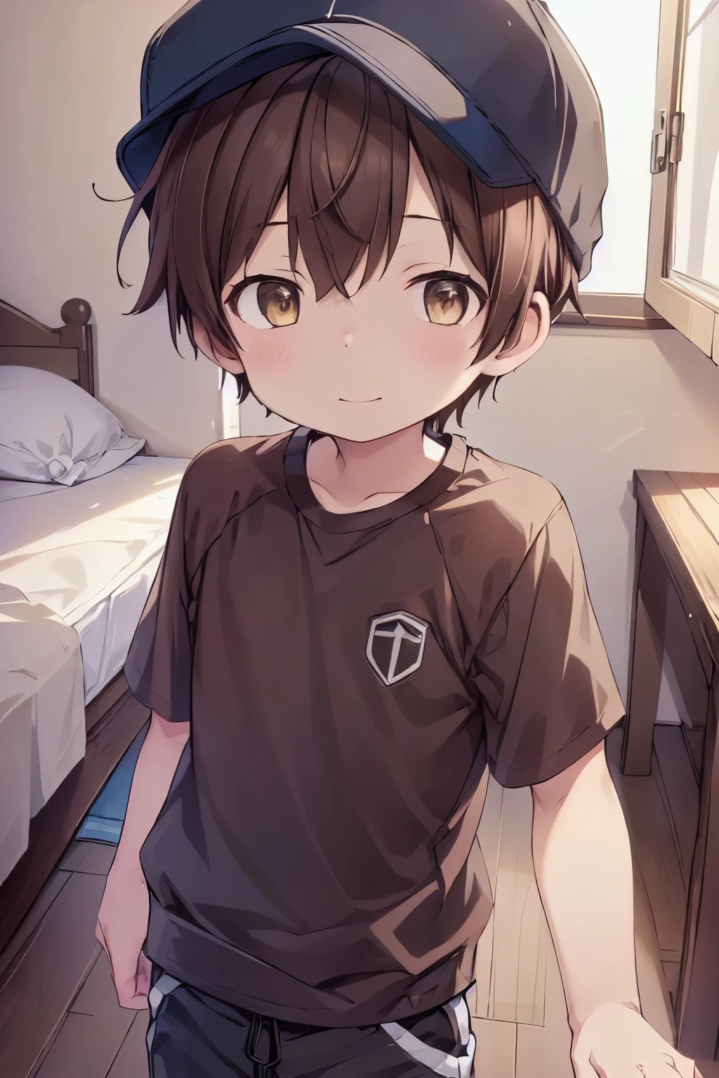 1boy, aoi, brown hair, masterpiece, ultra detail, male focus, soccer shirt, brown baseball cap, brown eyes
 