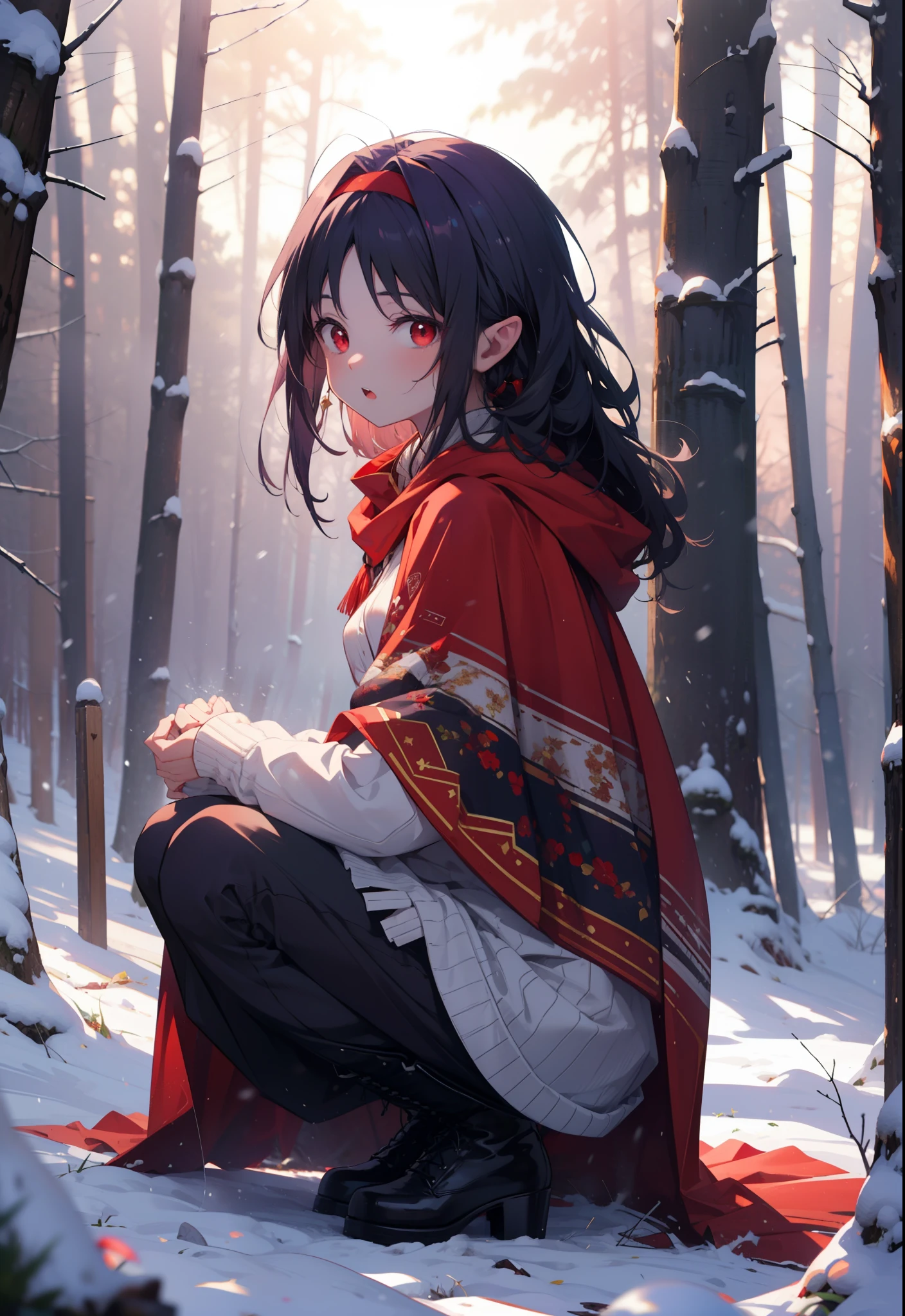 yuukikonno, Yuki Konno, hair band, Long Hair, Pointed Ears, Purple Hair, (Red eyes:1.5), (Small breasts:1.2), Open your mouth,snow, Bonfire , Outdoor, boots, snowing, From the side, wood, suitcase, Cape, Blurred, forest,nature, Squat, Mouth closed, 食べ物ed Cape, winter, Written boundary depth, Black shoes, red Cape
break looking at viewer, Upper Body, whole body,
break Outdoor, forest, nature,
break (masterpiece:1.2), highest quality, High resolution, unity 8k wallpaper, (shape:0.8), (Beautiful and beautiful eyes:1.6), Highly detailed face, Perfect lighting, Extremely detailed CG, (Perfect hands, Perfect Anatomy),