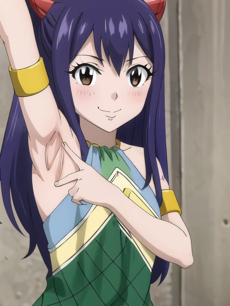 masterpiece, best quality, highres, aawendy, wendy marvell, long hair, bare shoulders, green dress, sleeveless dress, armlet, bracelet, looking at viewer, solo, contrapposto, armpit, arm up, presenting armpit, armpit focus, armpit fetish, spread armpit, arms behind head, upper body, embarrassed smile, blush