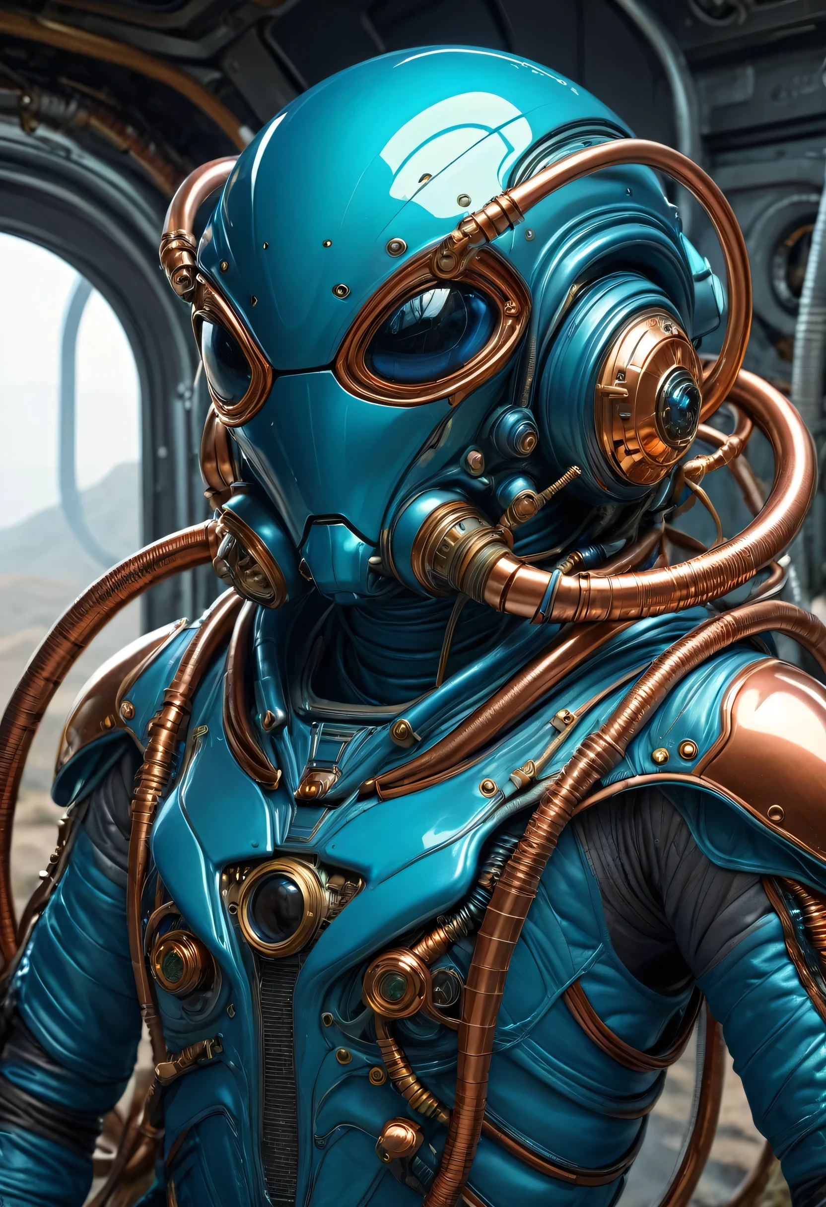 The best quality, masterpiece: 1,1), A fantastic view of an insectoid alien, a blue-colored spacesuit, entangled with thin hoses and copper tubes, hyperrealistic, insanely detailed, this masterpiece of digital art can be compared with the wonderful works of Artgerm, Greg Rutkowski and Alphonse Mucha.