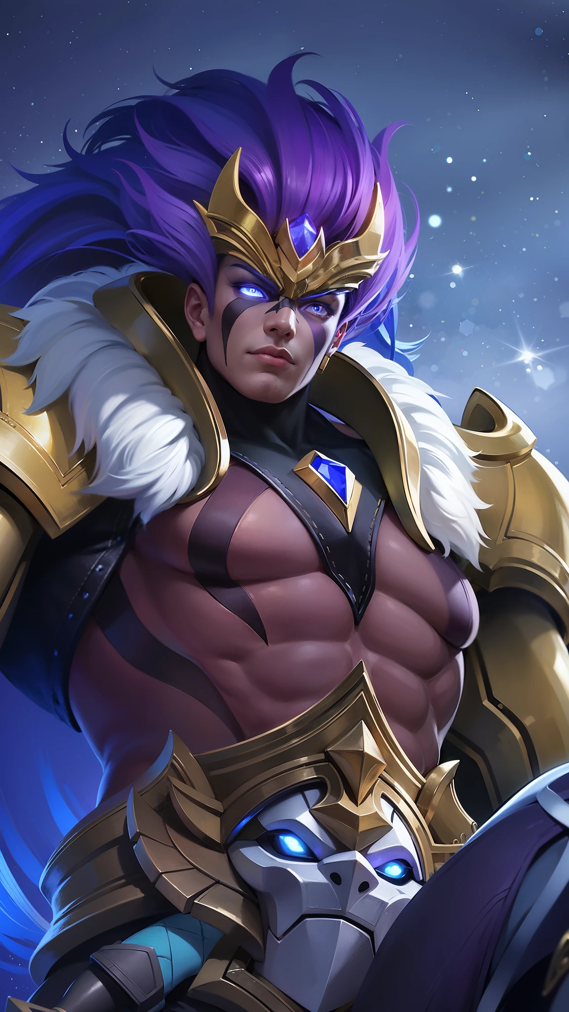 a male with a purple hair and a gold outfit, Best quality, masterpiece, detailed skin texture, detailed clothes texture, detailed face, super detailed, 8k, intricate detail, The color doesn't change, Muscle guy, 1 male, angry, shining blue eyes, lights blue eyes.