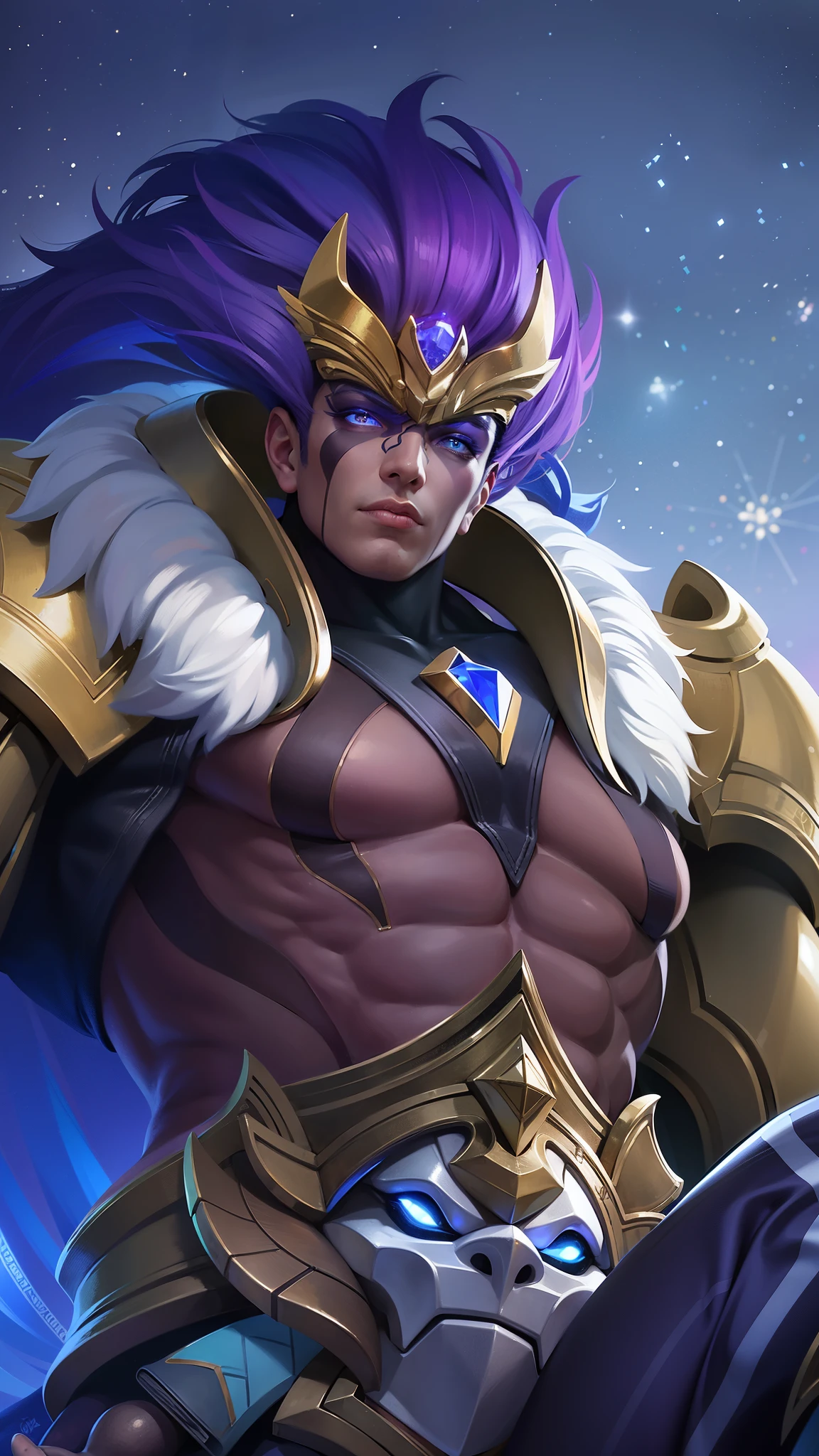 a male with a purple hair and a gold outfit, Best quality, masterpiece, detailed skin texture, detailed clothes texture, detailed face, super detailed, 8k, intricate detail, The color doesn't change, Muscle guy, 1 male, angry, shining blue eyes, lights blue eyes.