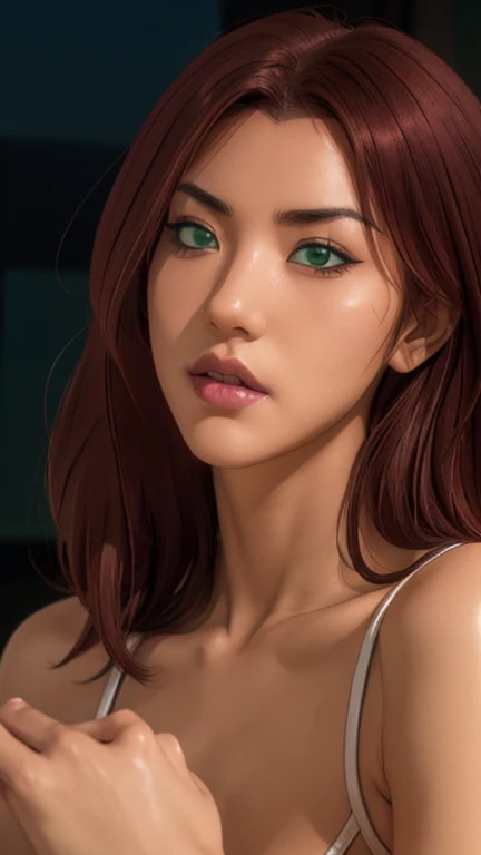 Masterpiece, Artgerm (Stanley Lau) style, gothic aesthetic, best quality, ultra realistic, 16k, crazy resolution, UHD, ultra-detailed, detailed eyes, detailed skin, detailed hair, detailed face, detailed fabric, detailed texture, ( 1 beautiful young woman, alone: 1.1),tall, Sakuragi Otome | Otome Dori, long red hair, gothic beauty, vibrant green eyes, tanned (yellow) skin, portrait, High detail RAW color art, (detailed skin texture), (Muscle) detail, sharp focus, dramatic and photorealistic painting art of midjourney, natural breasts, (sideboob:1.2), jewelry, (realistic eyes), cowboy shot, V-shaped real eyes, ((hourglass shape)), hot naked, ( Blurred in vibrant cinematic light), atmosphere warm, Show all, ultra-detailed, fine details, nude, sexy waist, (proportional) big hips, thick thighs, tall, sexy, Natural Color Lip, face with expression of pleasure and tiredness, different sensual poses in different angles, dark room gothic with cinematic lights (blurred background)、20 years old、dream atmosphere 