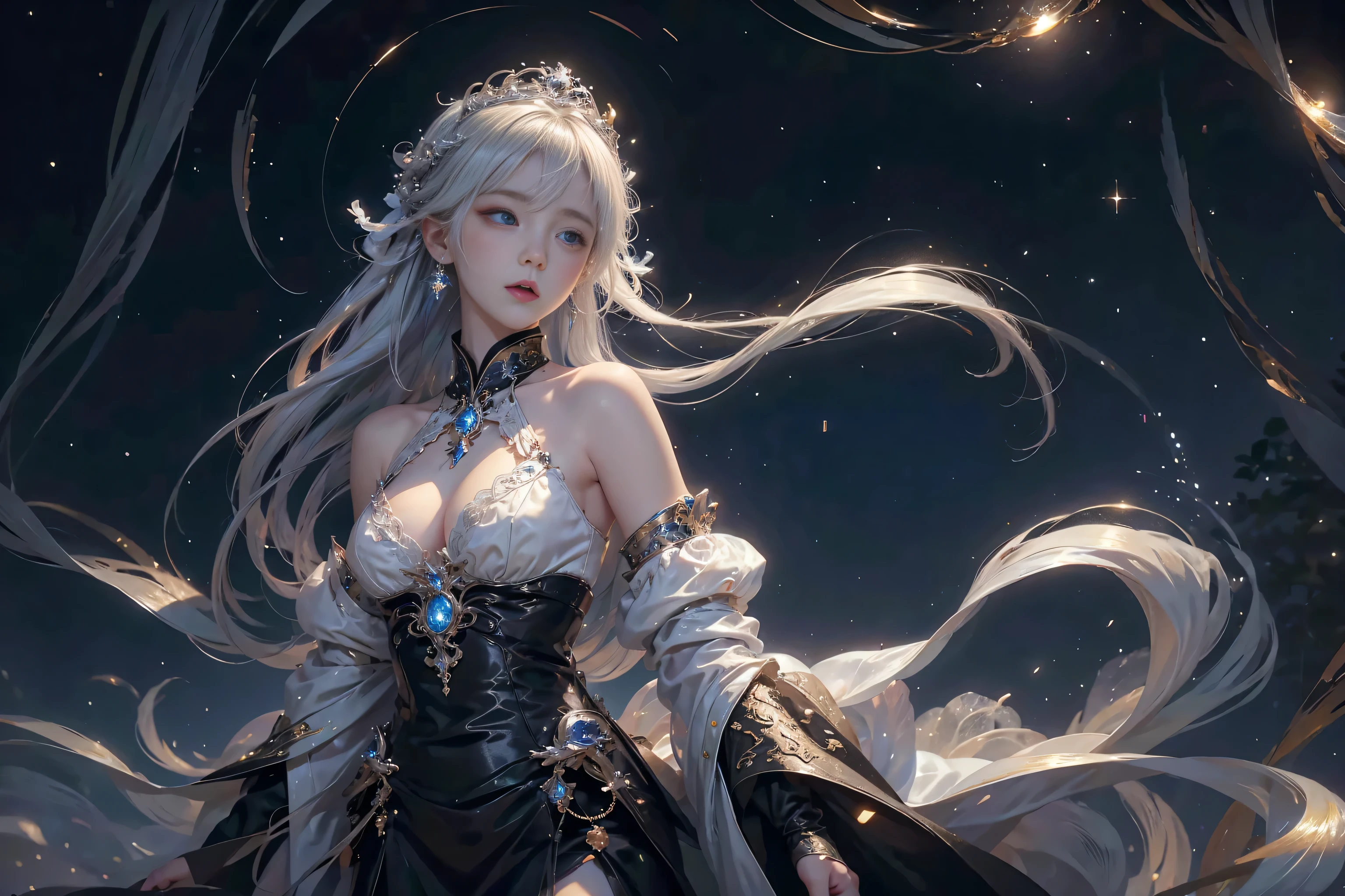 Night view,star,(White Haired Girl:1.5),((masterpiece))、(detailed:1.4)(close)、Top view、(Backlight)(A fantastic atmosphere、Ancient capital、Amazing beauty images,One Woman、white dust、Light and dance-like、Suspended particles), (Black Dress、Long dress with sleeves、Exposing shoulders、Off the shoulder)、(Gray hair that changes with light、length, Lustrous white hair、WHITE hair fluttering in the wind、Beautiful Bangs:1.3)、(Beautiful white and shining skin、Cheek gloss highlighter、Sexy and very beautiful and adorable face、The most beautiful face in the world、big, Sparkling blue eyes)、(Cute 25 year old girl、medium beautiful breasts、Great cleavage and a tiny waist、Delicate shoulders、Perfect figure)