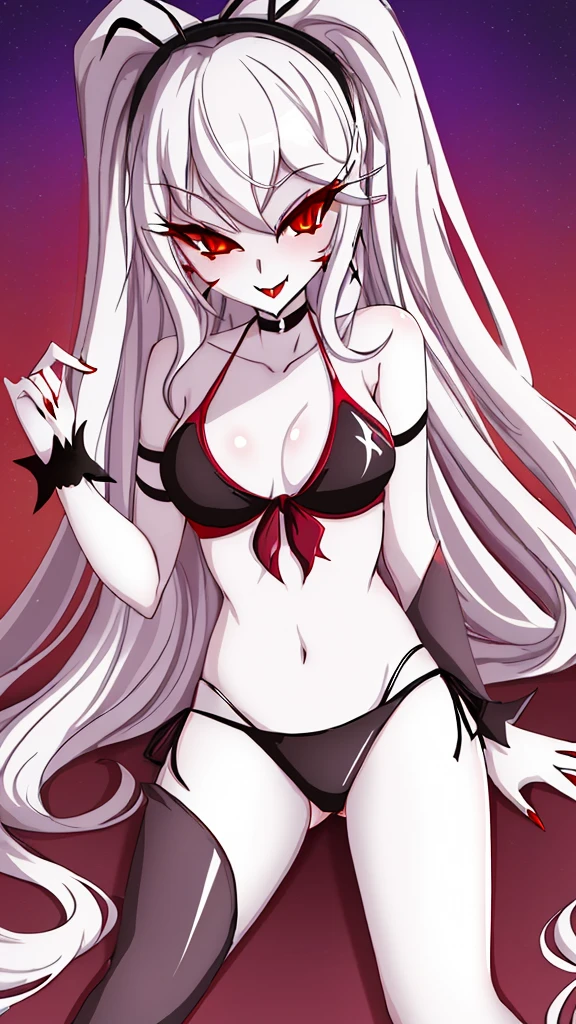 Carmilla Hazbin Hotel, 1girl, sexy pose, beach setting, black 2 piece bikini, sultry look, Seductive,