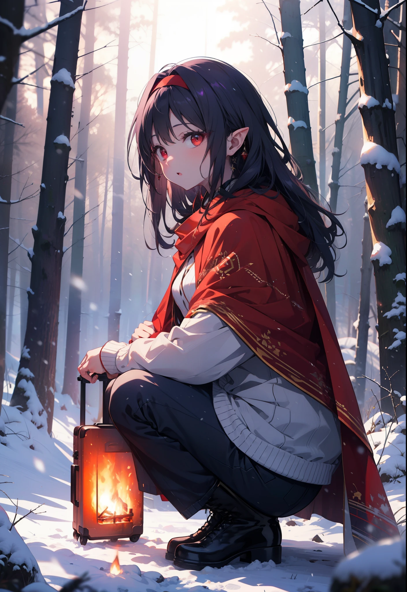 yuukikonno, Yuki Konno, hair band, Long Hair, Pointed Ears, Purple Hair, (Red eyes:1.5), (Small breasts:1.2), Open your mouth,snow, Bonfire , Outdoor, boots, snowing, From the side, wood, suitcase, Cape, Blurred, forest,nature, Squat, Mouth closed, 食べ物ed Cape, winter, Written boundary depth, Black shoes, red Cape
break looking at viewer, Upper Body, whole body,
break Outdoor, forest, nature,
break (masterpiece:1.2), highest quality, High resolution, unity 8k wallpaper, (shape:0.8), (Beautiful and beautiful eyes:1.6), Highly detailed face, Perfect lighting, Extremely detailed CG, (Perfect hands, Perfect Anatomy),