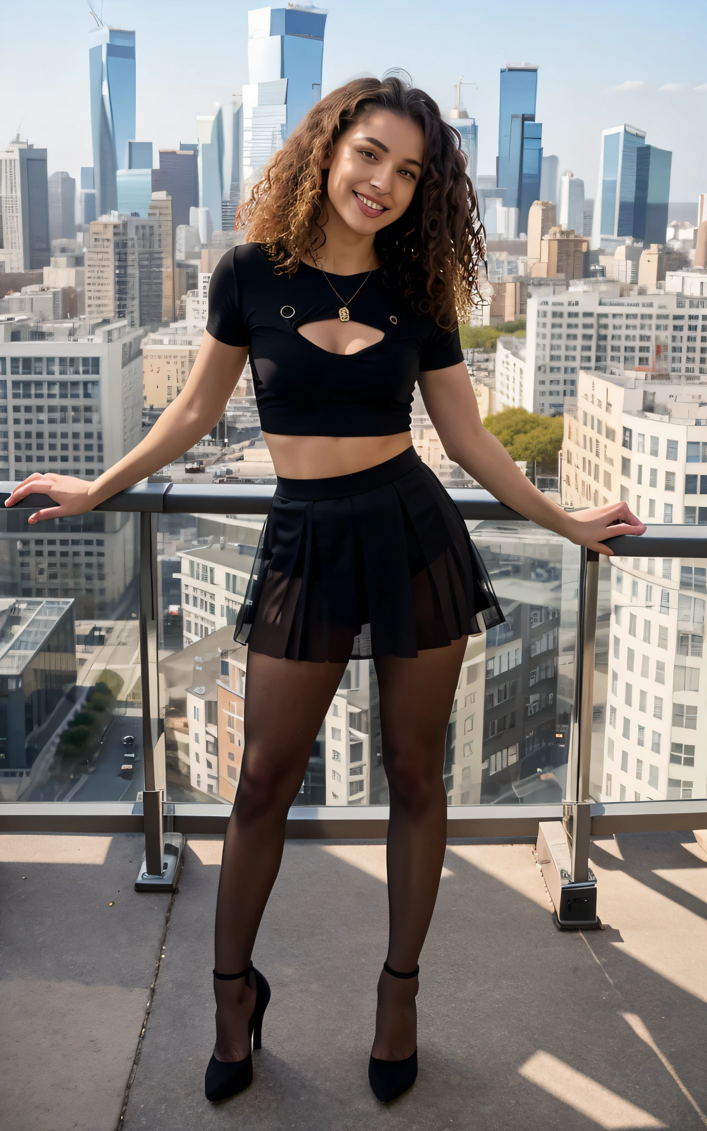 show entire body, feet in view, aerial view, curly haired Caucasian females, gorgeous, brunettes, tiny t-shirts, short skirts, sheer light black pantyhose, clear high heel shoes, outdoors, city, smiling