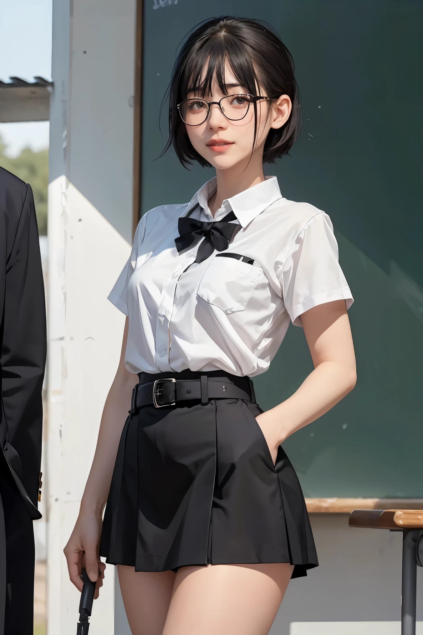 (Masterpiece, best quality: 1.2), Yoru(Chainsaw Man),(The page is very detailed., real picture, realistic skin, realistic body, complicated details), conjunctivitis (scary face), Light blush, social clothing, Semi-open button-up shirt (white), ชุดชั้นในwhite, skirt (black), black belt with buckle, short hair, glasses, small breasts, close up, big thighs, classroom, blackboard.