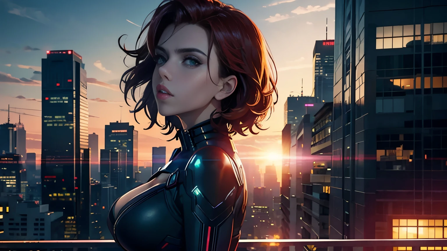 Outdoor, city skyline, sunset, Cyberpunk Scarlett Johansson Black Widow. Perfect bright green eyes, straight on looking at viewer. Cleavage, Best quality, sunlight, backlit, flare.