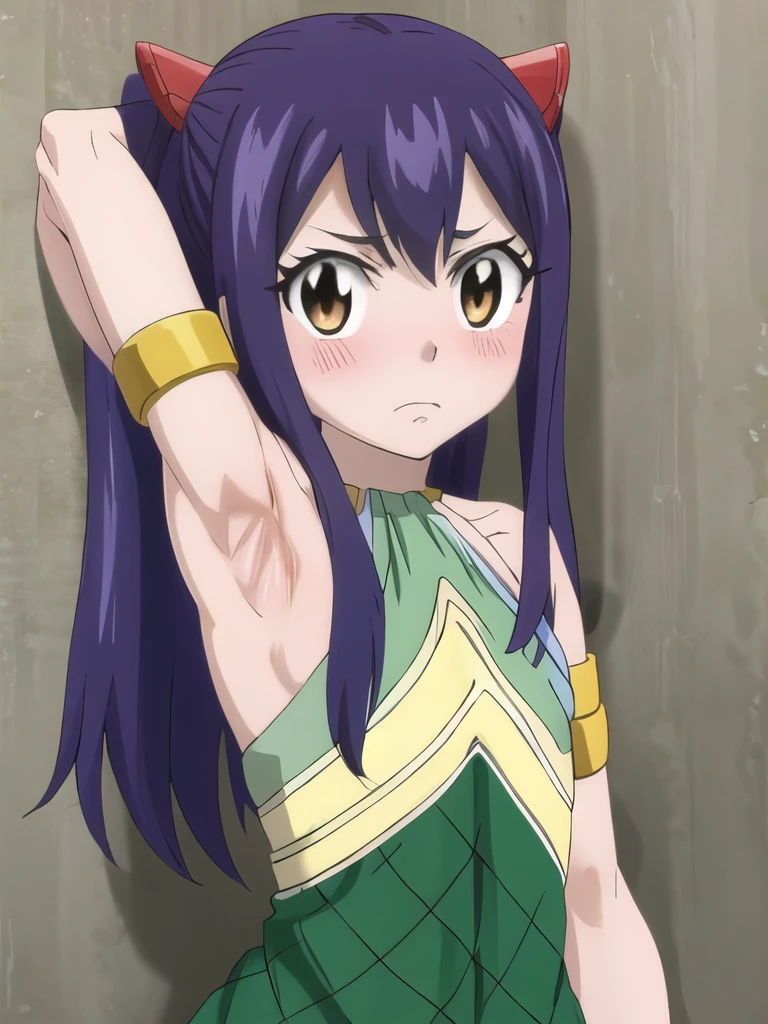 masterpiece, best quality, highres, aawendy, wendy marvell, long hair, bare shoulders, green dress, sleeveless dress, armlet, looking at viewer, solo, contrapposto, armpit, arm up, presenting armpit, armpit focus, armpit fetish, spread armpit, arms behind head, upper body, embarrassed, blush