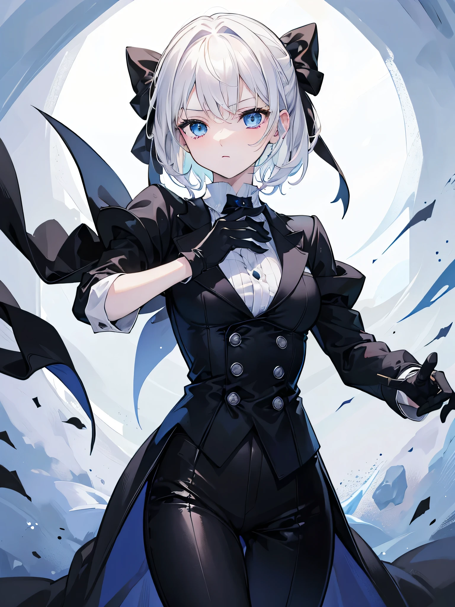 (Best Quality, Masterpiece: 1.1), (Fidelity: 1.4), high res, ultrasharp, 8K, 1 girl, upper body, (short white hair), blue eyes, wearing all black butler uniform, black coat, black gloves, black pants, white shirt, scornful expression, looking at viewer, one hand on the chest