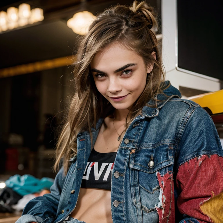 Cara Delevingne dressed in colorful torn clothes and smiling