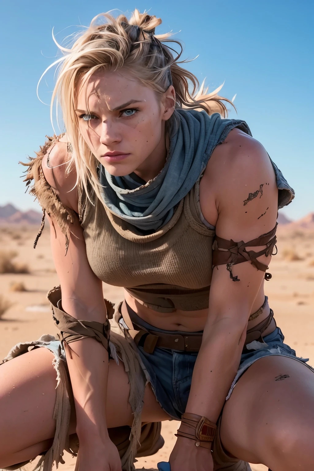 a muscular, athletic woman, wearing rags and old, dirty, torn clothes. mad max style. She is a soldier in a war and desert environment. Big breasts, she has short straight blonde hair and emo bangs, vibrant blue eyes and flawless white skin. Despite being an experienced combatant, she is injured, sweaty and tired, but continues to fight with determination. Use bright sunlight and desert sand to create a realistic, desolate atmosphere. Experiment with different angles and perspectives to capture the essence of their bravery and resilience, and use a warm, earthy color palette to emphasize the dry, desert environment.