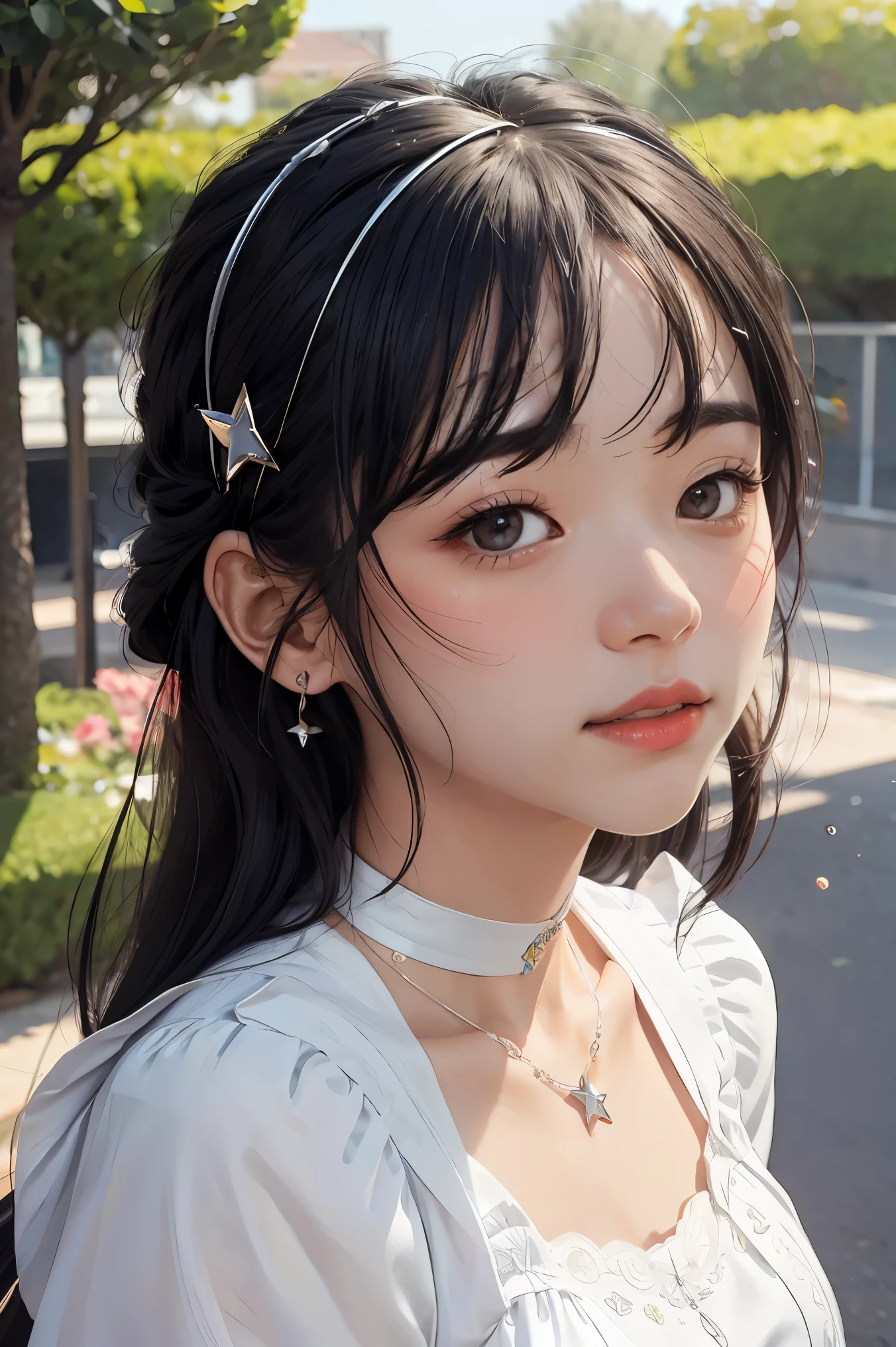 (Masterpiece, best quality, very detailed, height, nonsense, best ilroomnation, exquisite details, in full bloom, light on face, best light, exquisite detailsed beautiful eyes, shiny hair , perfect face, Shiny skin), stand, outdoor, Depth_of_stadium, Daytime, during the day, full body, Dutch_corner, road,, room_whine, hair accessories, black choker, star necklace