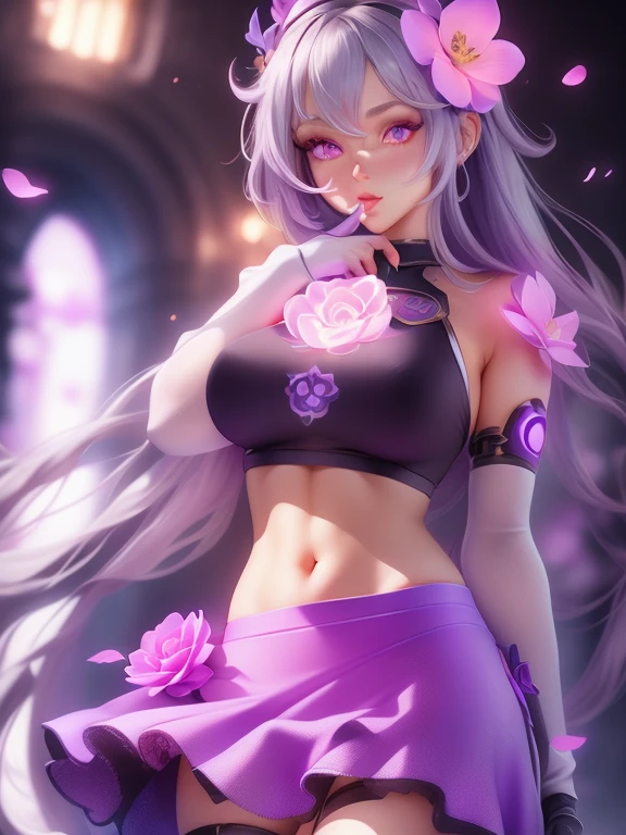 Realistic, One girl, Gray Hair, Purple eyes, Glowing Eyes, Crop top, skirt, Lips parted, blush, Flowers, sun, sunlight,