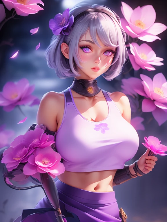 Realistic, One girl, Gray Hair, Purple eyes, Glowing Eyes, Crop top, skirt, Lips parted, blush, Flowers, sun, sunlight,