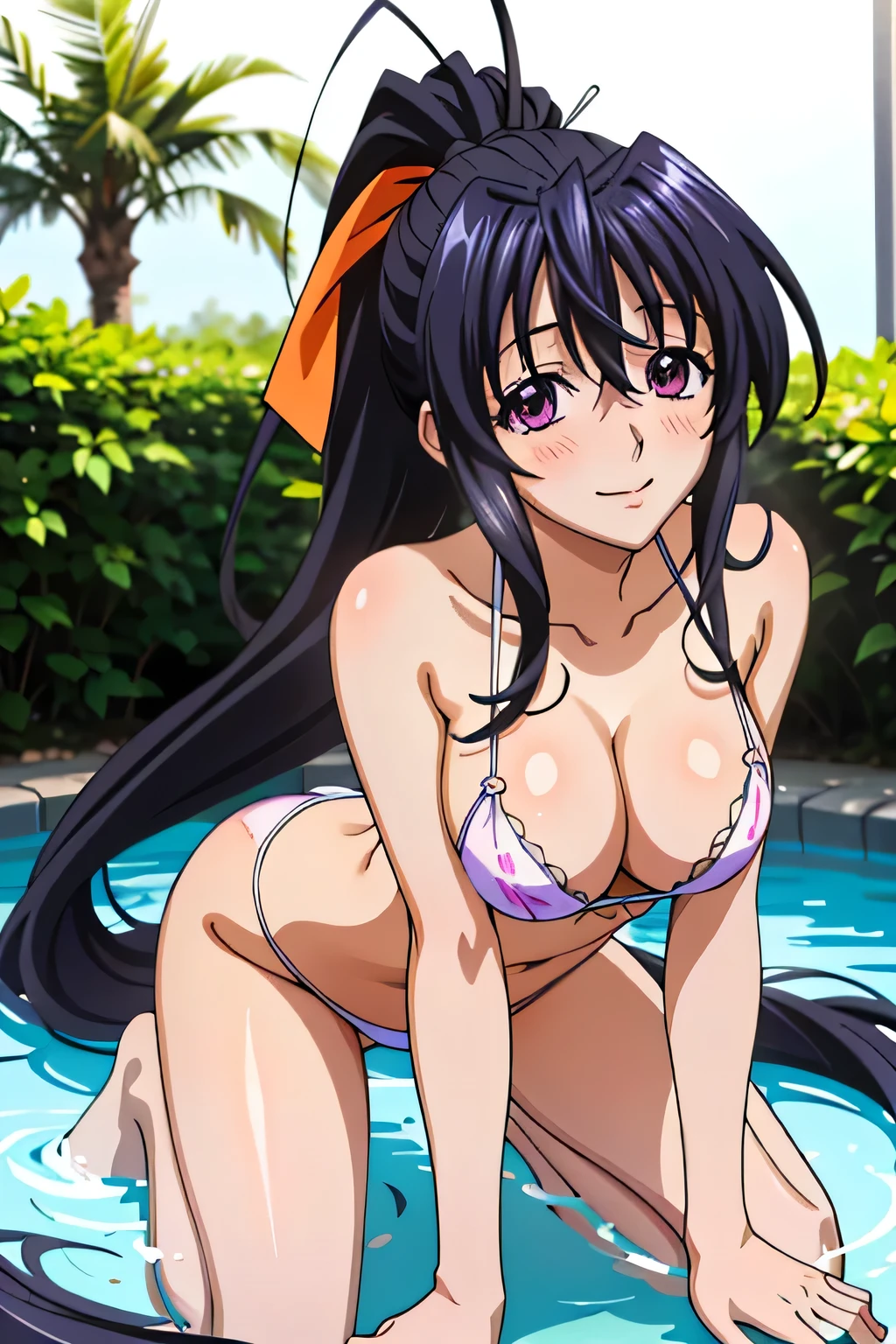 Himejima Akeno、Long Hair、(draw the eyes:1.2)、one person、blush、smile
、Crouch down
、You can see her chest
、I can see her white panties
、(highest quality)、(Fine skin:1.3)