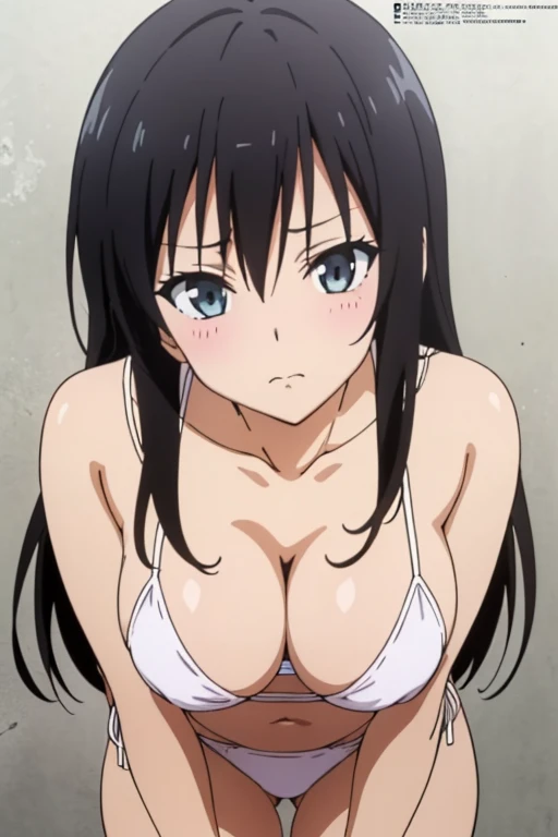(masutepiece, Best Quality, High resolution, anime colours, megami magazine:1.2, anime poster style, anime keyvisual, sharp, 8k, photorealistic), (beautiful eyes:1.5, beautiful face), Kotegawa Yui, 1girl, solo, Cute, blush, (Long Black Hair), (sagging breasts:1.8, hanging breasts:1.5, huge breasts), (white bikini), (cleavage:1.5, breasts focus), (leaning forward, cowboy shot), (Perfect detailed Anatomy, beautiful detailed hair, perfect detailed body:1.2, shiny skin), (thick outline, Beautiful outlines, black outlines), simple background,