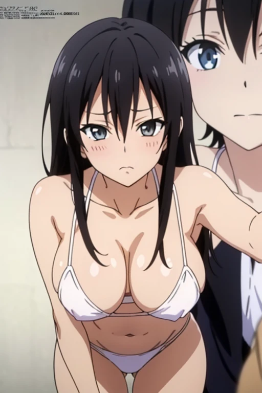 (masutepiece, Best Quality, High resolution, anime colours, megami magazine:1.2, anime poster style, anime keyvisual, sharp, 8k, photorealistic), (beautiful eyes:1.5, beautiful face), Kotegawa Yui, 1girl, solo, Cute, blush, (Long Black Hair), (sagging breasts:1.8, hanging breasts:1.5, huge breasts), (white bikini), (cleavage:1.5, breasts focus), (leaning forward, cowboy shot), (Perfect detailed Anatomy, beautiful detailed hair, perfect detailed body:1.2, shiny skin), (thick outline, Beautiful outlines, black outlines), simple background,