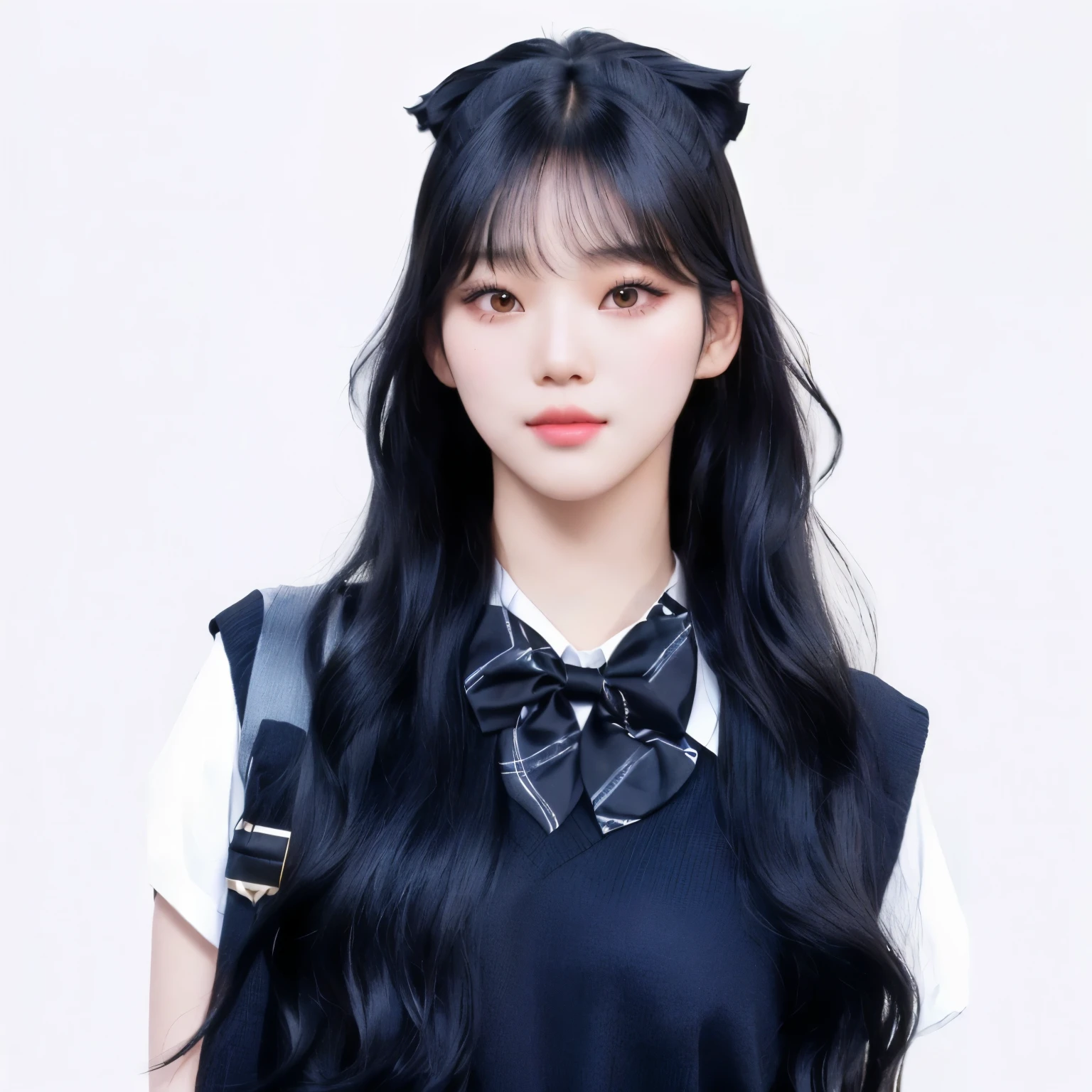 a close up of a person with long hair wearing a bow tie, ulzzang, wan adorable korean face, long black hair with bangs, black hair black cat ears, black hime cut hair, hair blackbangs hair, very beautiful cute catgirl, she has black hair with bangs, portrait of female korean idol, long dark hair with bangs