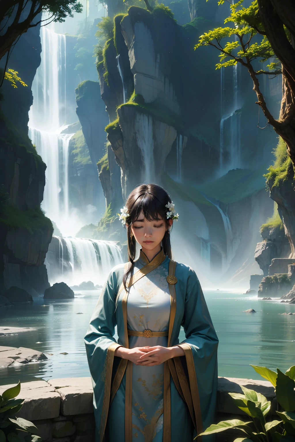 "A striking and high-definition image showcases a serene individual engrossed in meditation, meticulously poised before a series of intricate financial graphs. Amidst the detailed numbers and lines, an alluring yet subdued radiance emanates, symbolizing the promise of financial abundance.
Nature, a potent symbol of growth, adorns the background, coupling the tranquil stillness of the meditator with the dynamic energy of blooming flowers, verdant foliage, and a tranquil waterfall cascading from a distant cliff. The interplay of light and shadow, masterfully executed, creates an enthralling atmosphere that whispers the magic of prosper