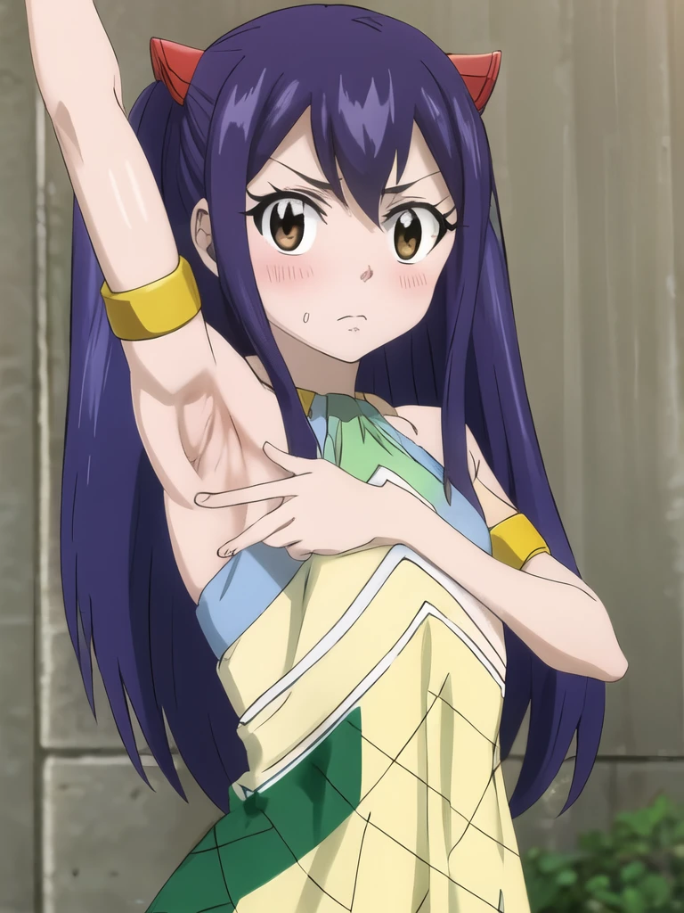 masterpiece, best quality, highres, aawendy, wendy marvell, long hair, bare shoulders, green dress, sleeveless dress, armlet, looking at viewer, solo, contrapposto, armpit, arm up, presenting armpit, armpit focus, armpit fetish, spread armpit, arms behind head, upper body, embarrassed, blush