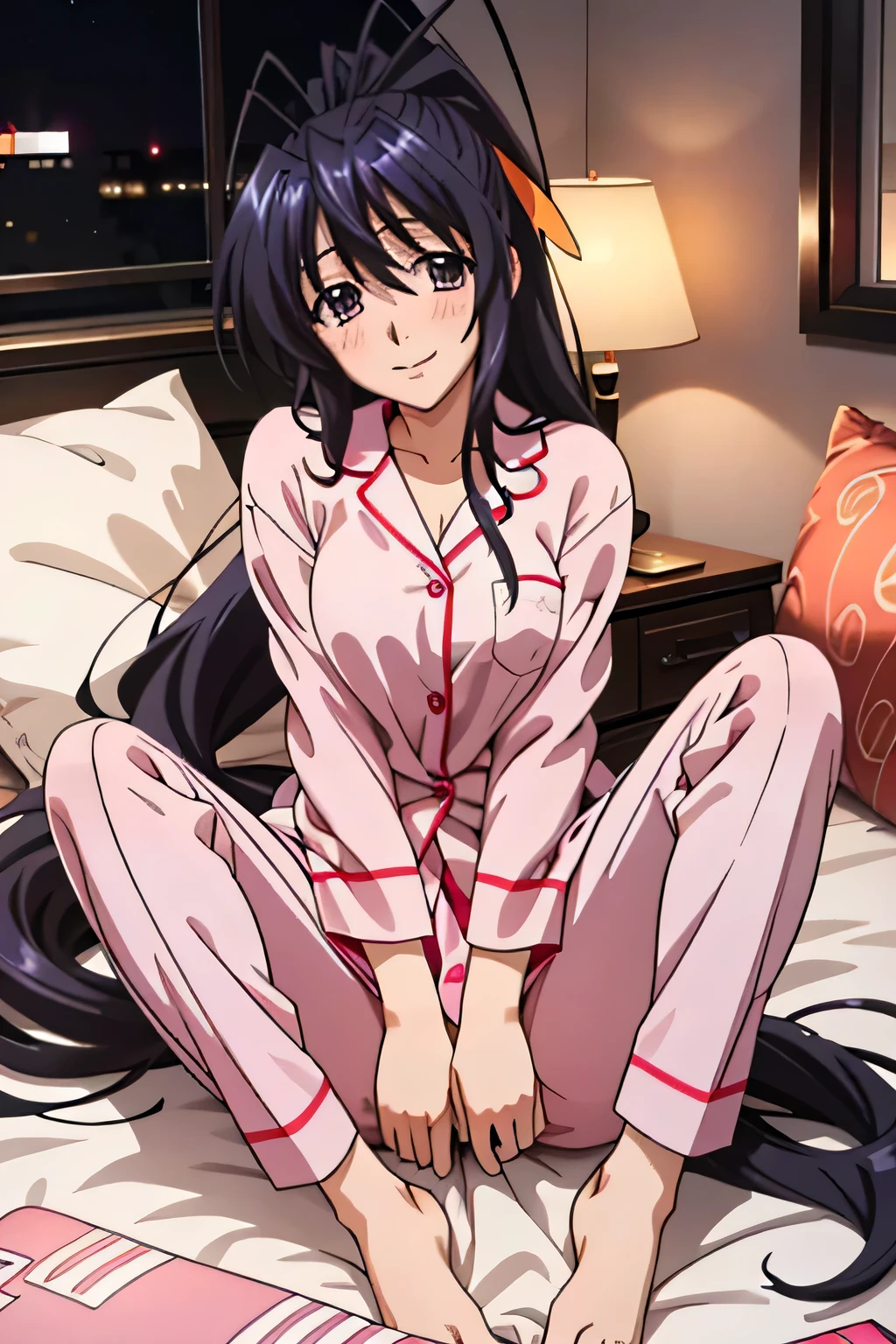 Himejima Akeno、Long Hair、(draw the eyes:1.2)、one person、blush、smile
、widen the neck
、Spread your legs、sit
、In pajamas
、No underwear
、(highest quality)、(Fine skin:1.3)