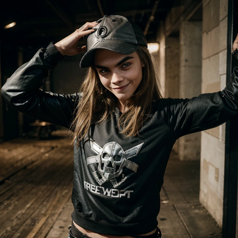 Cara Delevingne dressed in metalhead clothes and smiling
