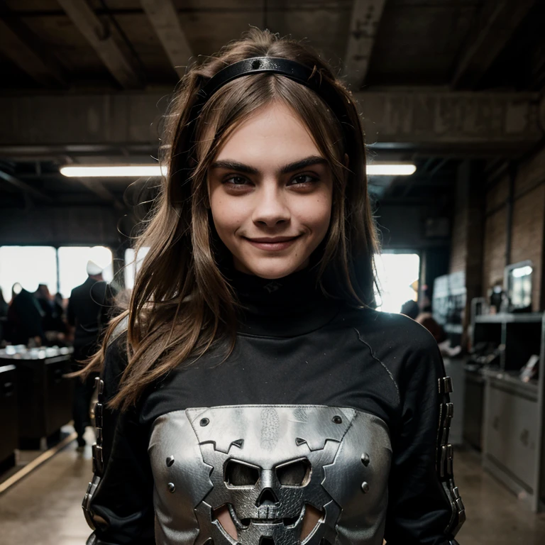 Cara Delevingne dressed in metalhead clothes and smiling