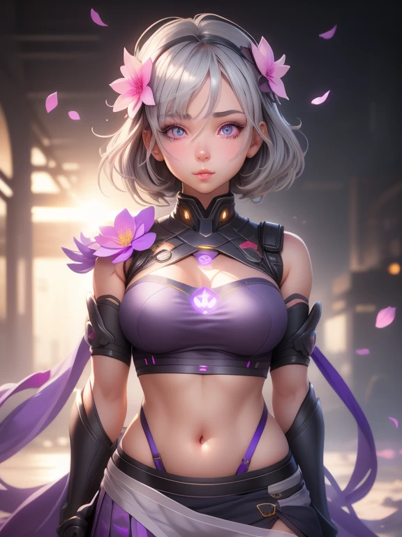 Realistic, One girl, Gray Hair, Purple eyes, Glowing Eyes, Crop top, skirt, Lips parted, blush, Flowers, sun, sunlight,