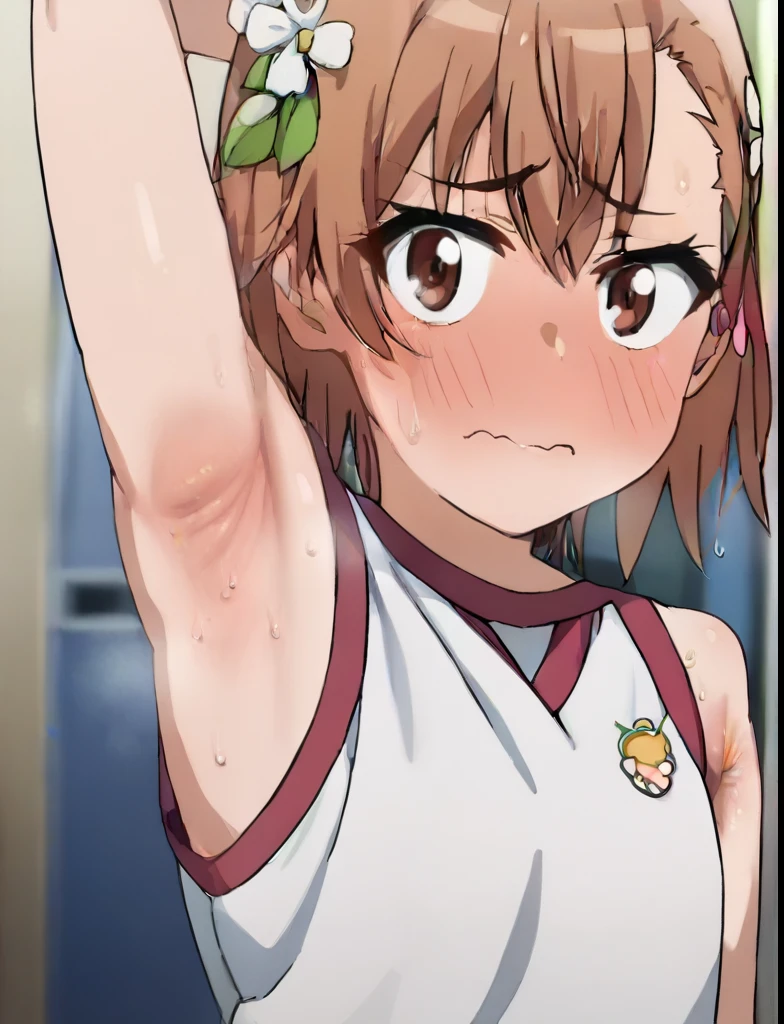 score_9, score_8_up, score_7_up, source_anime,
mikotomisaka, mikoto misaka, short hair, brown hair, hair ornament, hair flower, brown eyes,
white shirt, gym uniform, bare shoulders, sleeveless, gym shorts, white shorts, tokiwadai gym uniform, (armpit into viewer's face:1.5), armpit, arm up, presenting armpit, armpit focus, armpit fetish, looking at viewer, embarrassed, blush, in the center