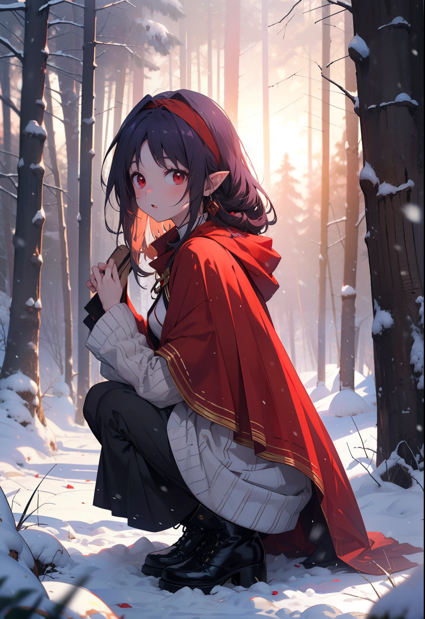 yuukikonno, Yuki Konno, hair band, Long Hair, Pointed Ears, Purple Hair, (Red eyes:1.5), (Small breasts:1.2), Open your mouth,snow, Bonfire , Outdoor, boots, snowing, From the side, wood, suitcase, Cape, Blurred, forest,nature, Squat, Mouth closed, 食べ物ed Cape, winter, Written boundary depth, Black shoes, red Cape
break looking at viewer, Upper Body, whole body,
break Outdoor, forest, nature,
break (masterpiece:1.2), highest quality, High resolution, unity 8k wallpaper, (shape:0.8), (Beautiful and beautiful eyes:1.6), Highly detailed face, Perfect lighting, Extremely detailed CG, (Perfect hands, Perfect Anatomy),