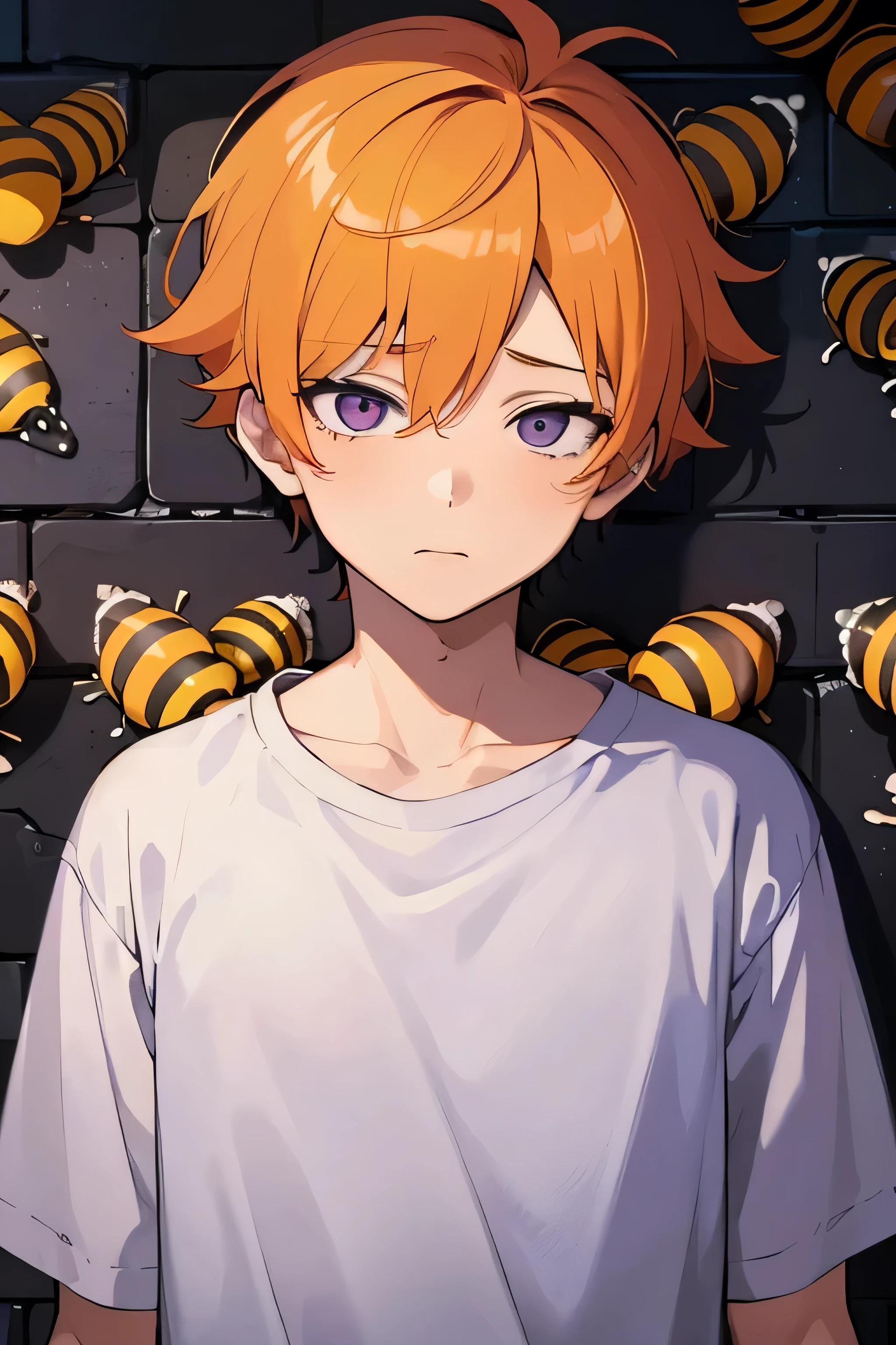 1boy, anime boy, small boy, boy, kid, little boy, covered in bees, bees, bee sting, bees surrounding the boy, boy with orange hair, purple eyes, bee, front face, front, boy empty expression, boy depressed, bee on boy's face, bumble bees