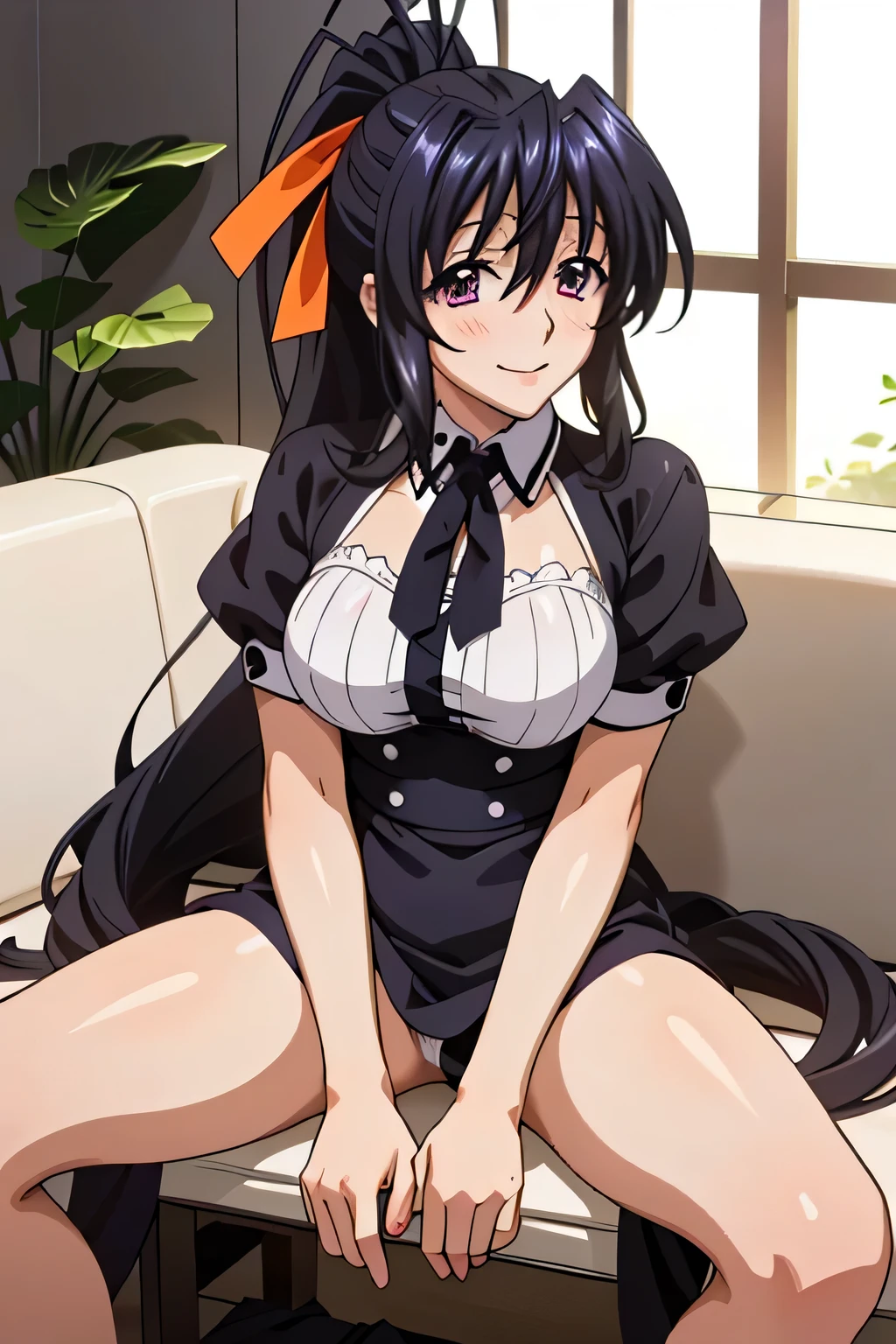 Himejima Akeno、Long Hair、(draw the eyes:1.2)、one person、blush、smile 
、widen the neck
、Spread your legs、sit
、Apron appearance
、Underwear is visible
、(highest quality)、(Fine skin:1.3) 