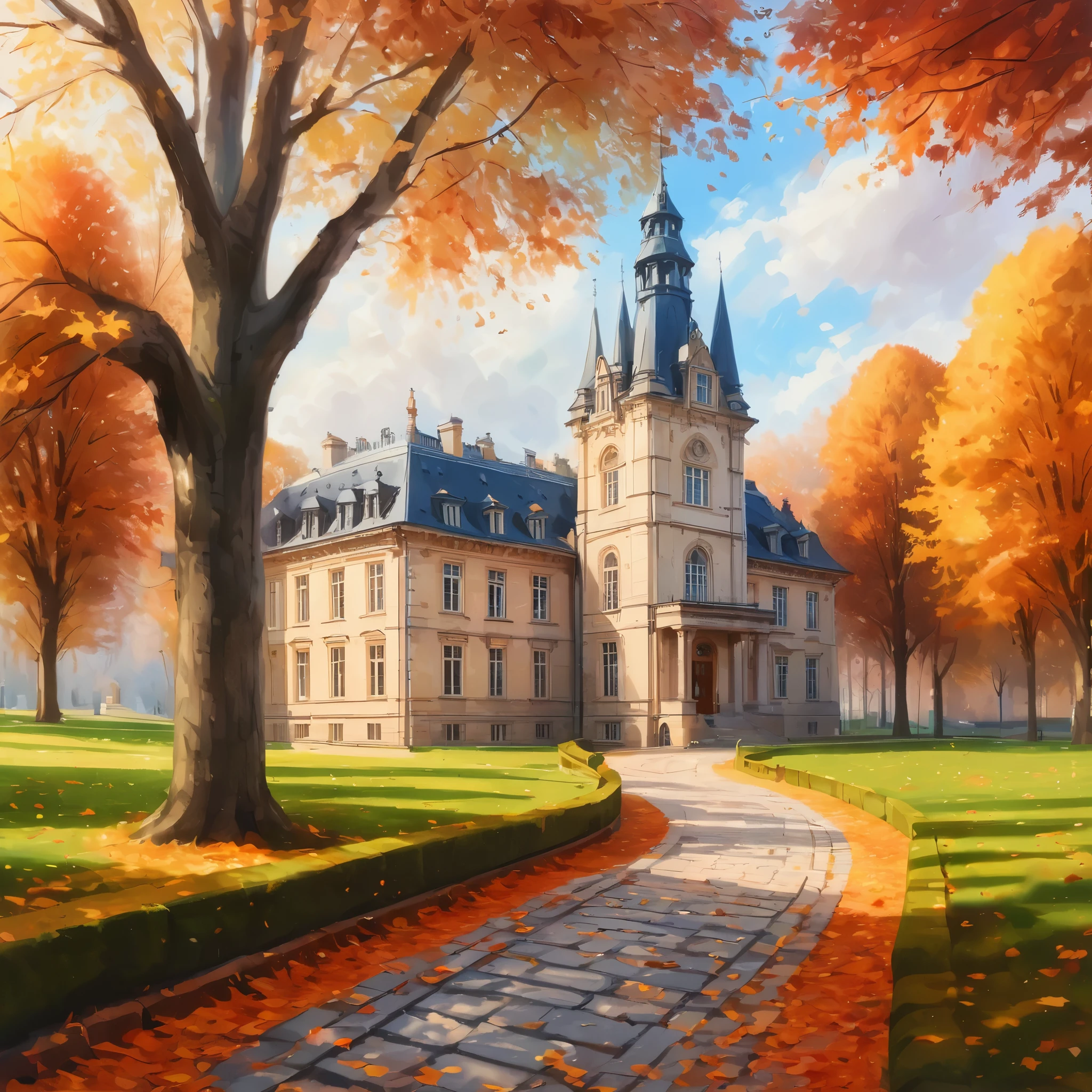 a painting of a building surrounded by trees, beautiful autumn spirit, stunning grand architecture, ultra nd, fancy library, zoomed out photography, stone pathways, fiery, octoberfest, breath taking, university, uniquely beautiful, color splashes, thisset colours