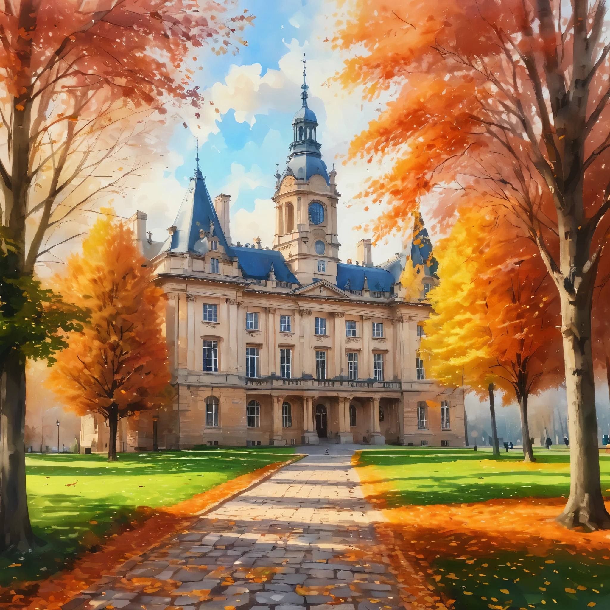 a painting of a building surrounded by trees, beautiful autumn spirit, stunning grand architecture, ultra nd, fancy library, zoomed out photography, stone pathways, fiery, octoberfest, breath taking, university, uniquely beautiful, color splashes, thisset colours