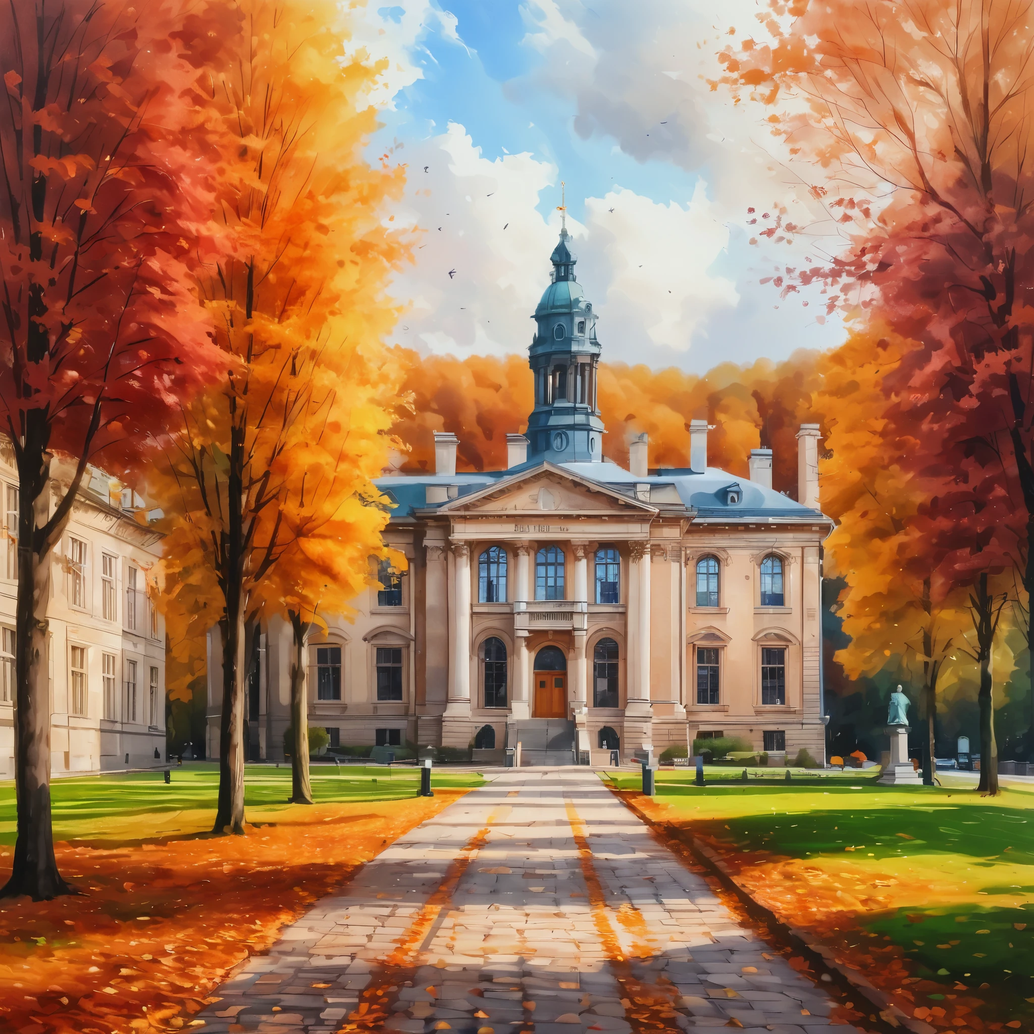 a painting of a building surrounded by trees, beautiful autumn spirit, stunning grand architecture, ultra nd, fancy library, zoomed out photography, stone pathways, fiery, octoberfest, breath taking, university, uniquely beautiful, color splashes, thisset colours